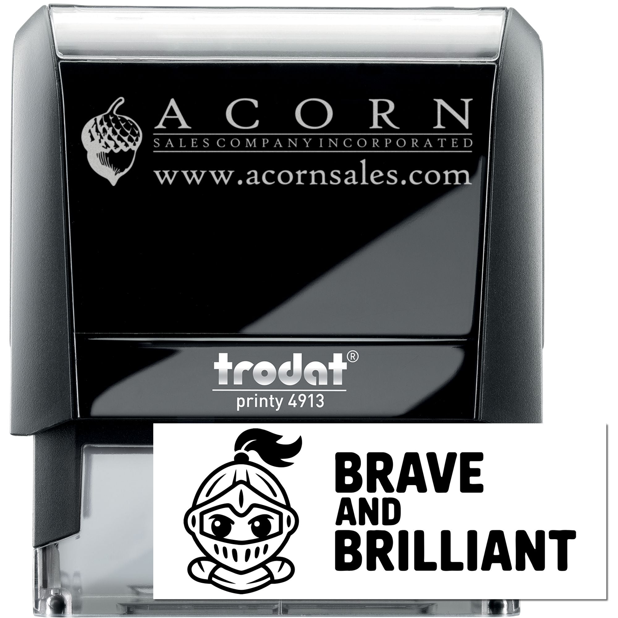 Custom self-inking rubber stamp showing Acorn Sales logo and a Brave and Brilliant custom stamp design.