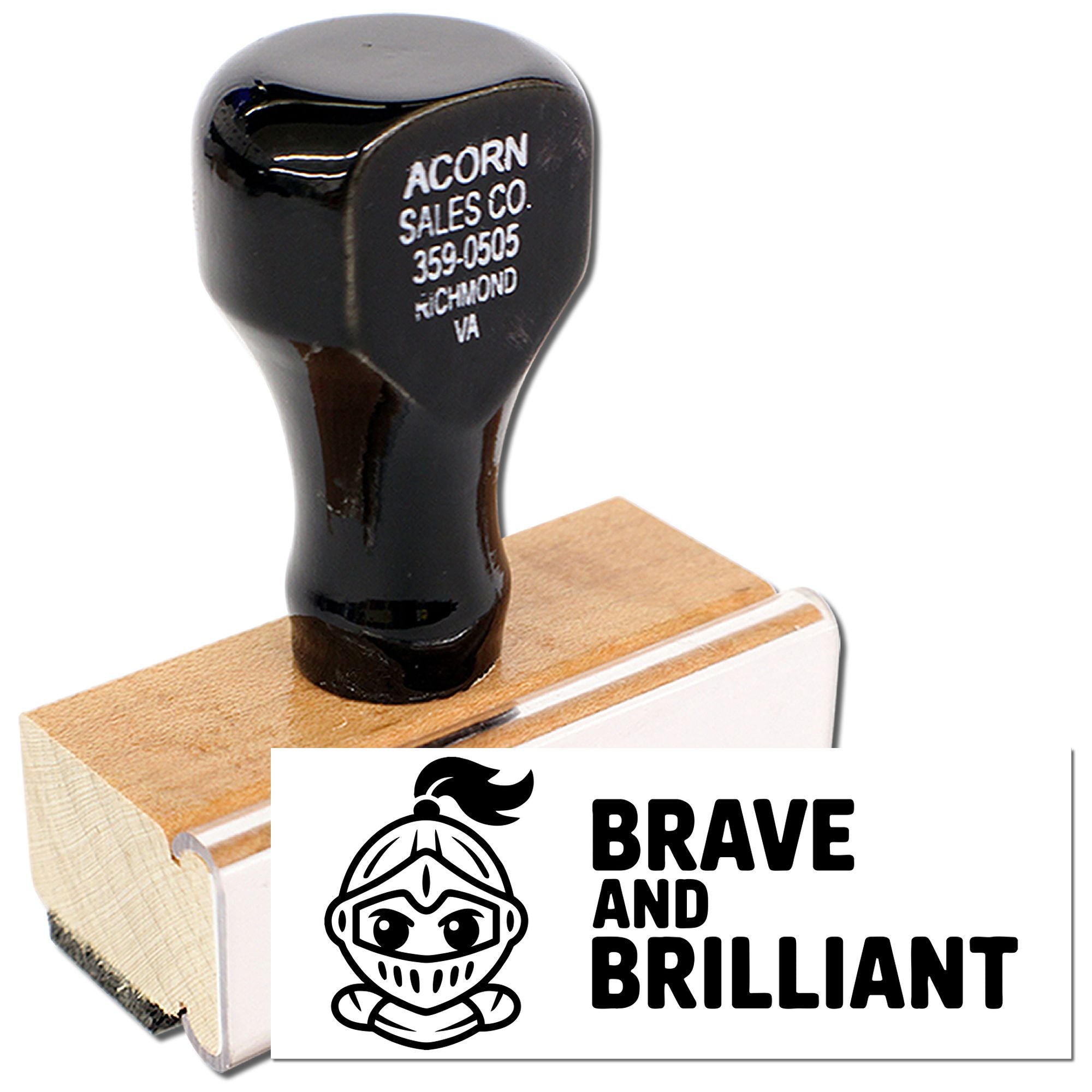 Custom rubber stamp with knight logo and Brave and Brilliant design for personalized branding and motivational packaging.