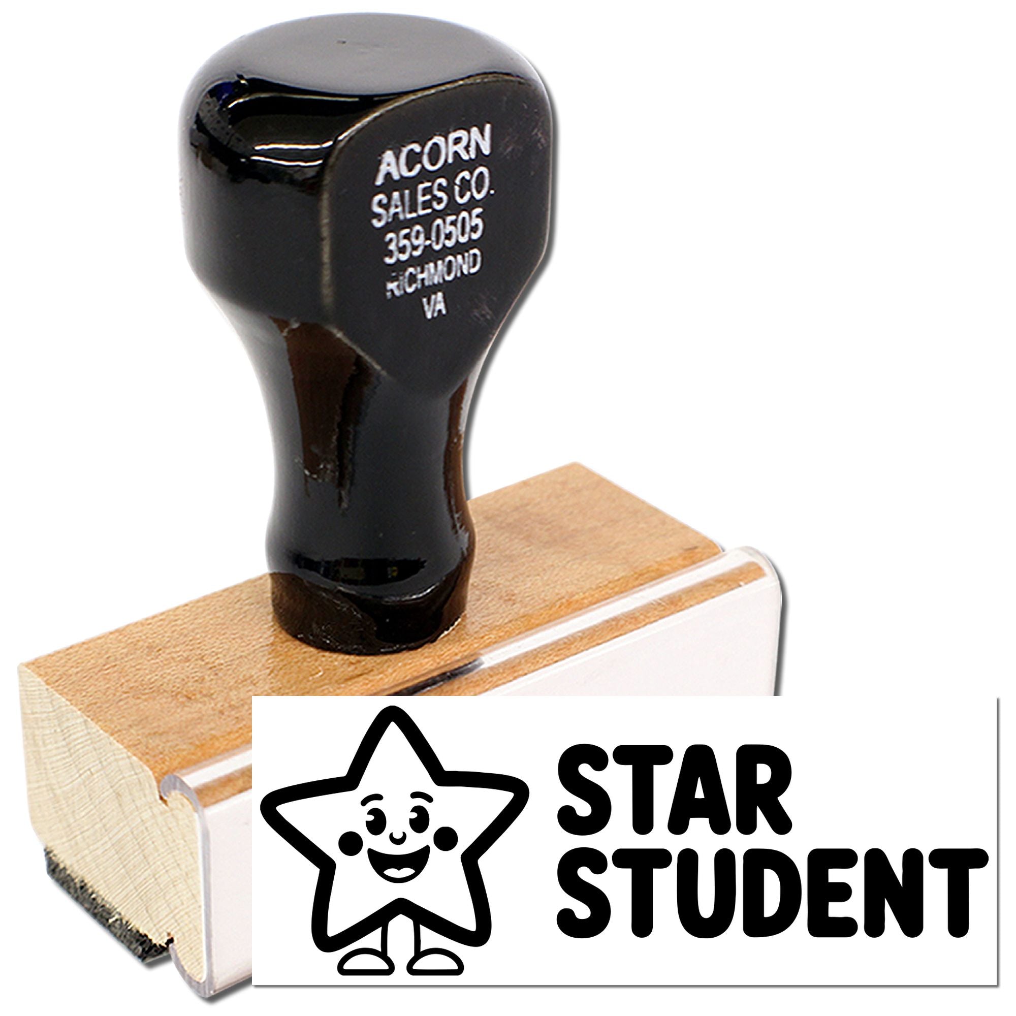 Wood-handled custom rubber stamp with Star Student imprint, ideal for teachers grading papers and rewarding students.