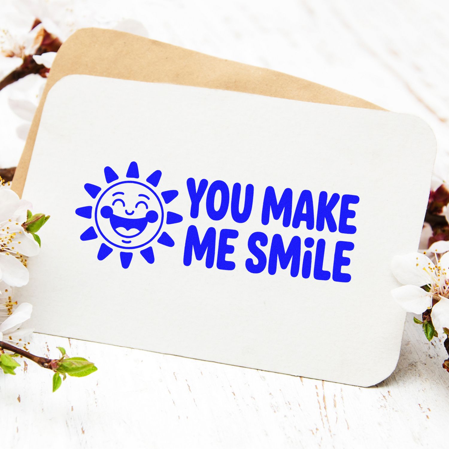 You Make Me Smile rubber stamp for cards, crafts, and happy handmade notes with a cheerful sun icon.