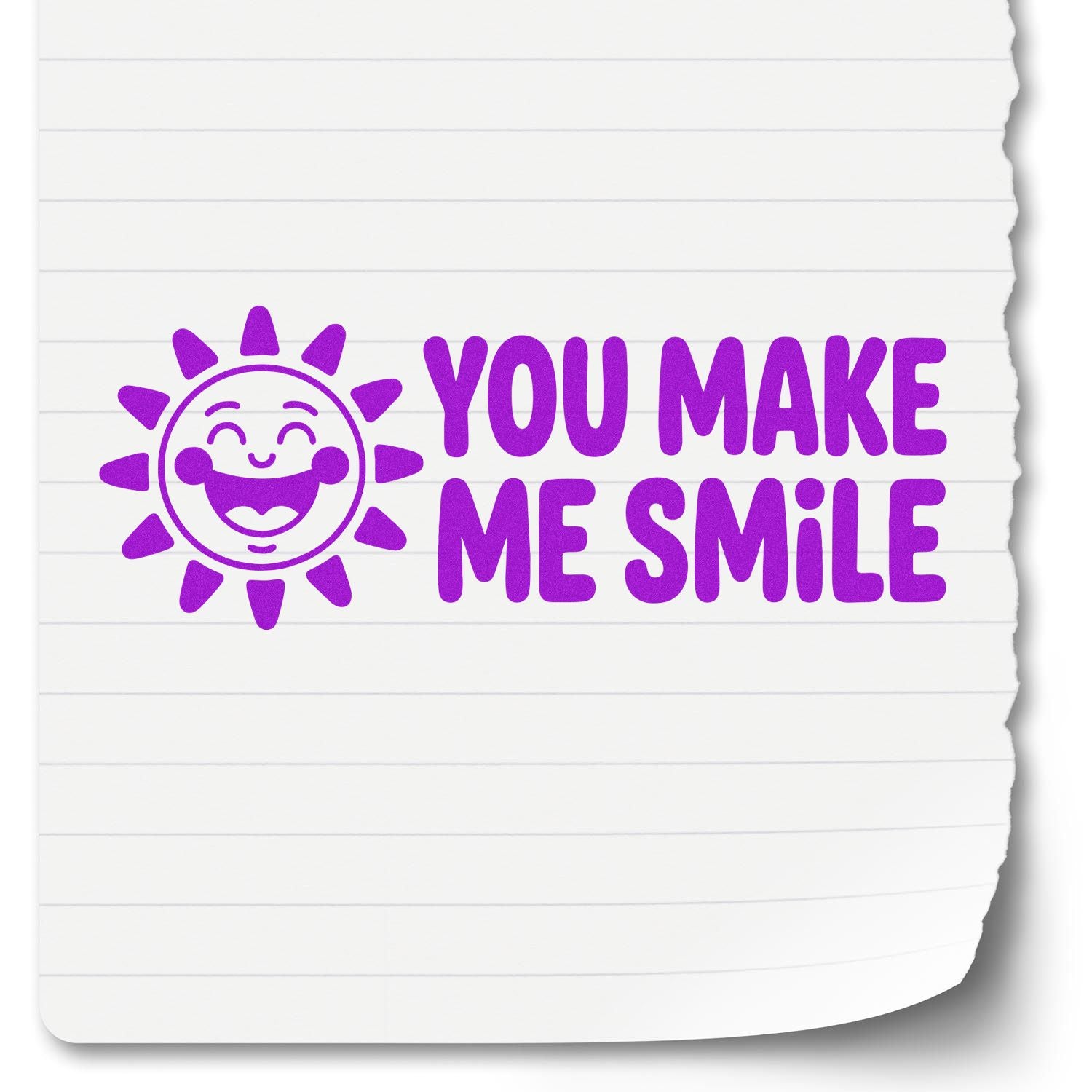 You Make Me Smile rubber stamp design with smiling sun in purple on lined paper background.