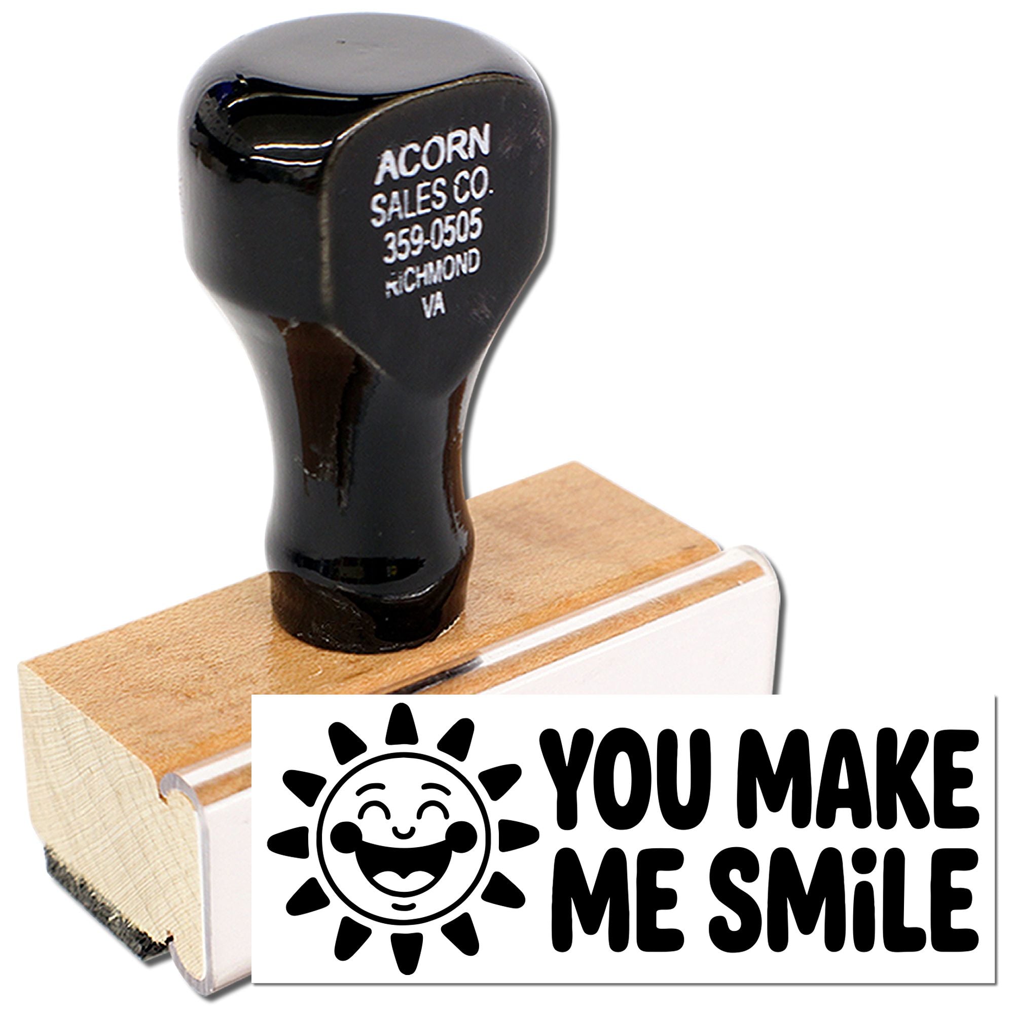 Custom rubber stamp with You Make Me Smile sun design for crafts, teacher gifts, and cheerful business branding.
