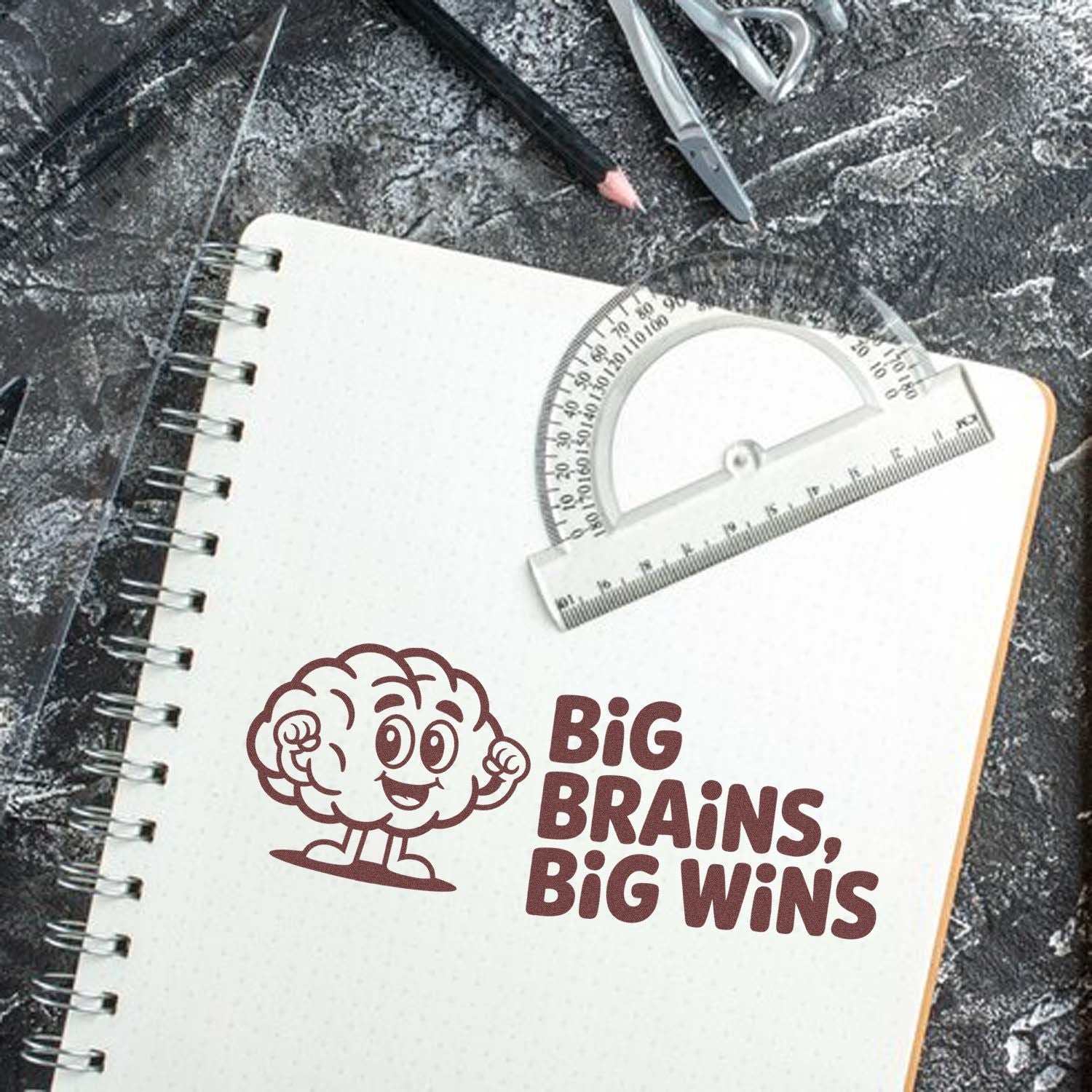Custom rubber stamp design featuring a brain mascot and Big Brains, Big Wins slogan for school, office, or education use.