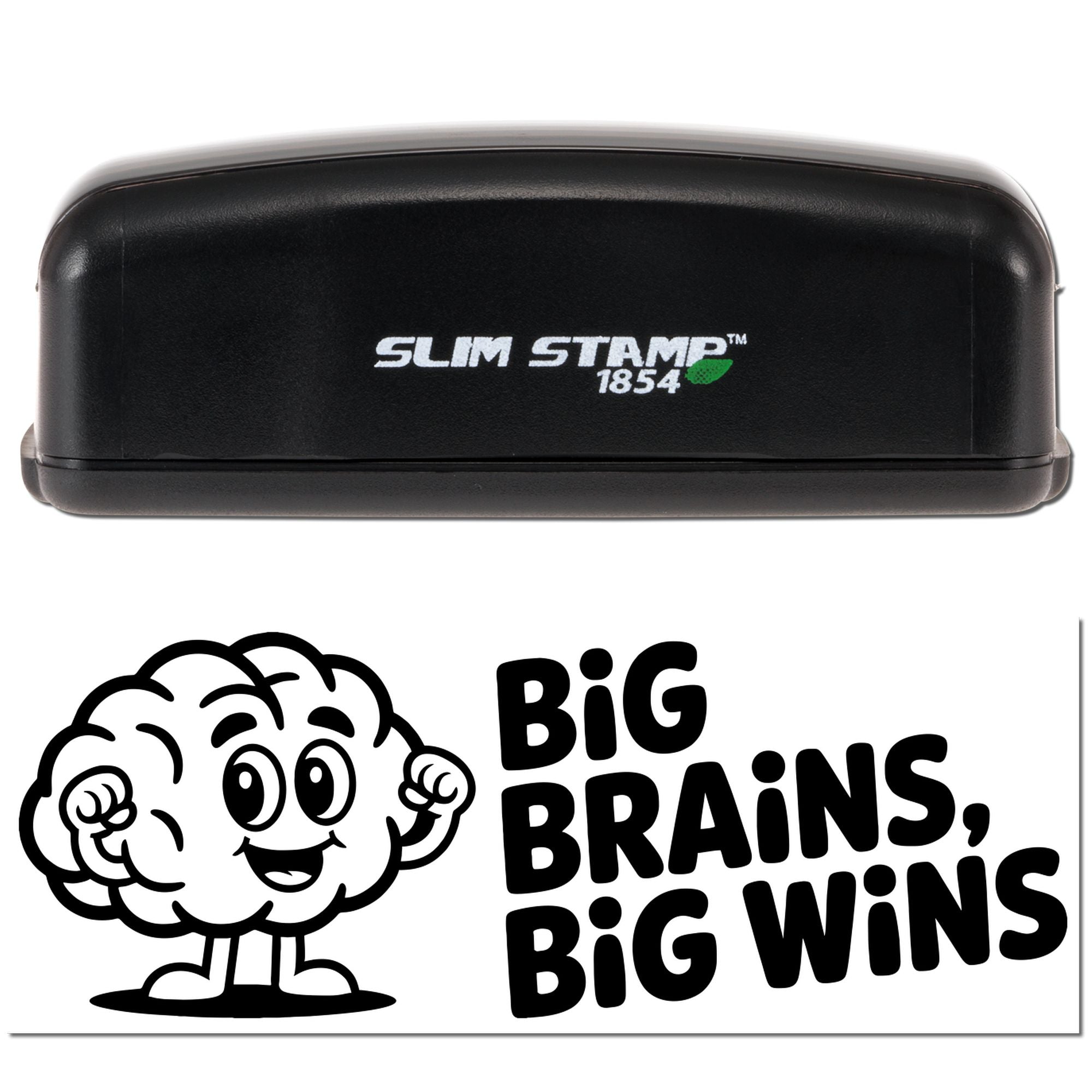 Slim Stamp 1854 self-inking rubber stamp with Big Brains, Big Wins cartoon brain design.