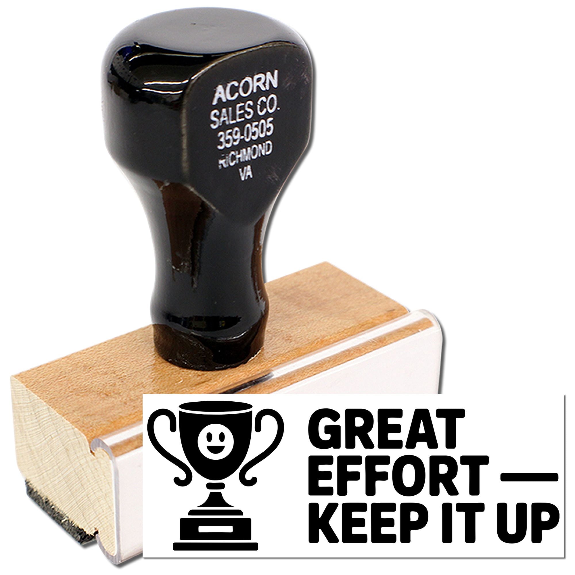 Motivational rubber stamp with trophy icon and Great Effort Keep It Up message for rewarding student or employee achievement.
