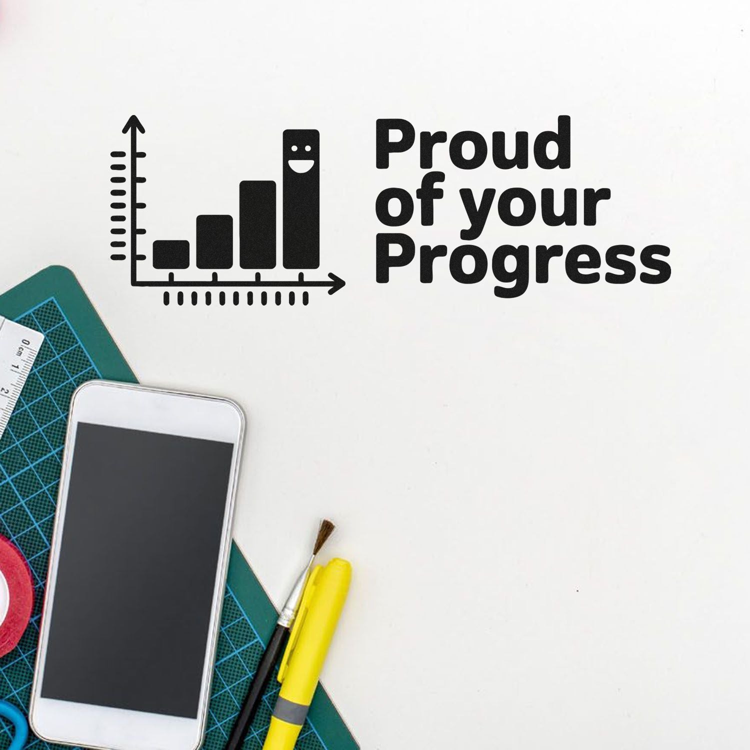Proud of Your Progress rubber stamp design with bar chart icon, ideal for motivational planners and achievement tracking.