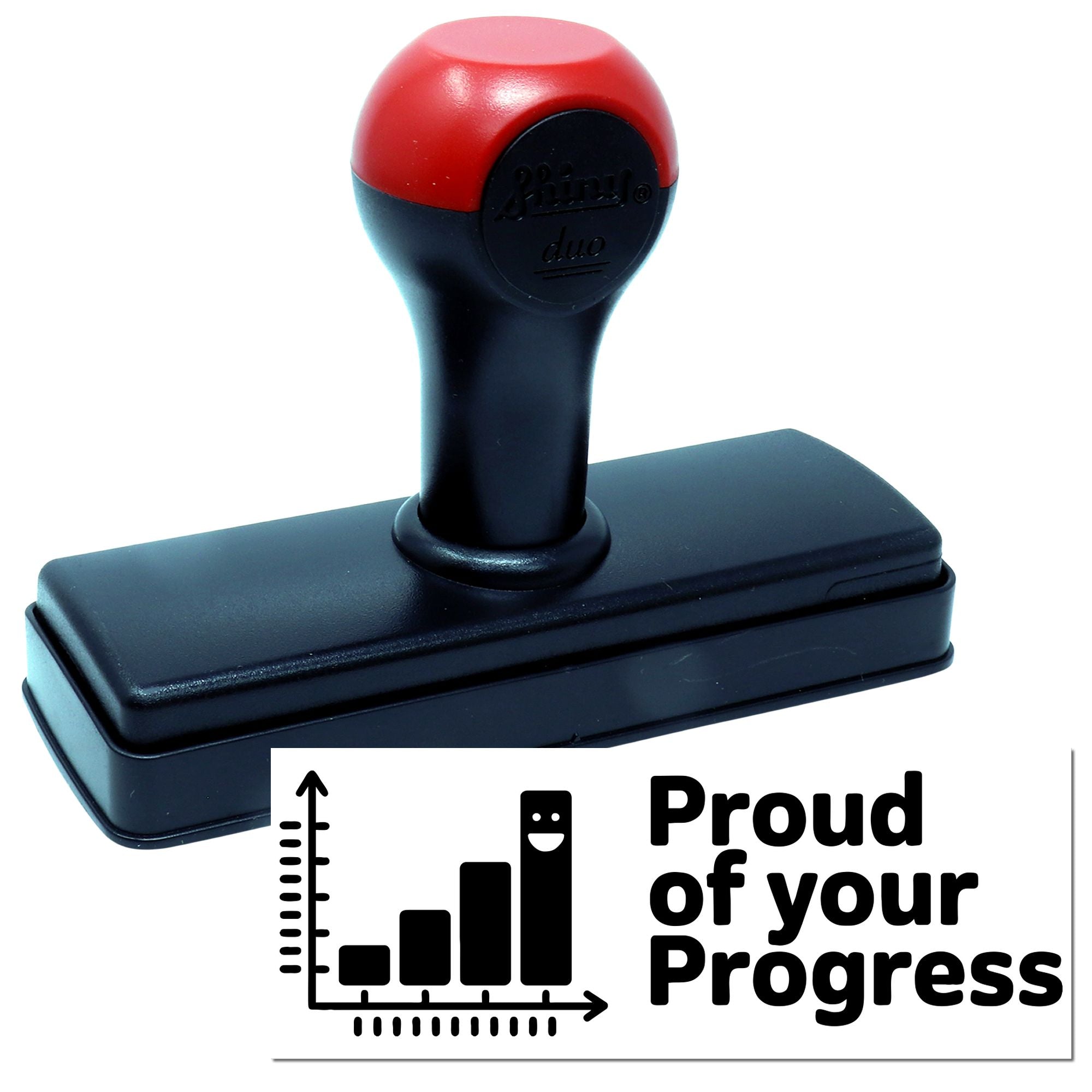 Self-inking rubber stamp with Proud of your Progress message and growth chart for student or business recognition.