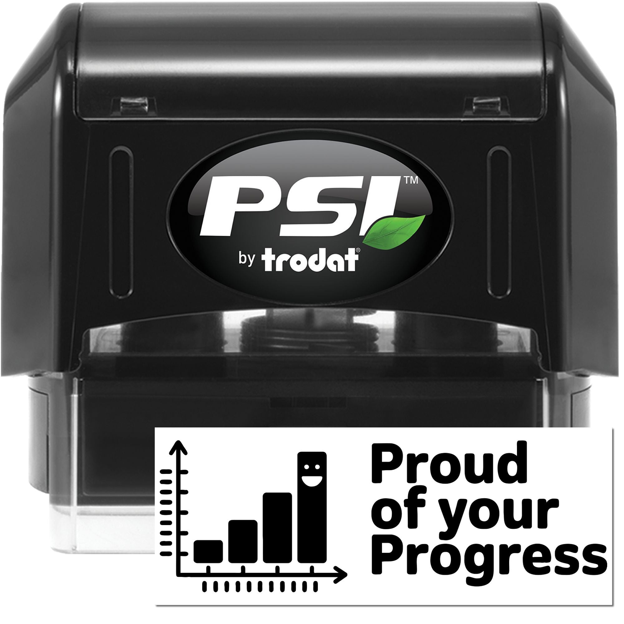 PSI by Trodat self-inking rubber stamp featuring Proud of Your Progress design for motivational business or classroom stamping.