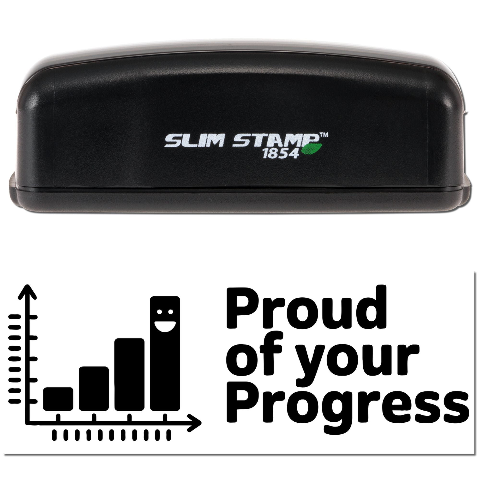 Slim Stamp 1854 self-inking rubber stamp with Proud of Your Progress design and rising bar chart motivational impression.