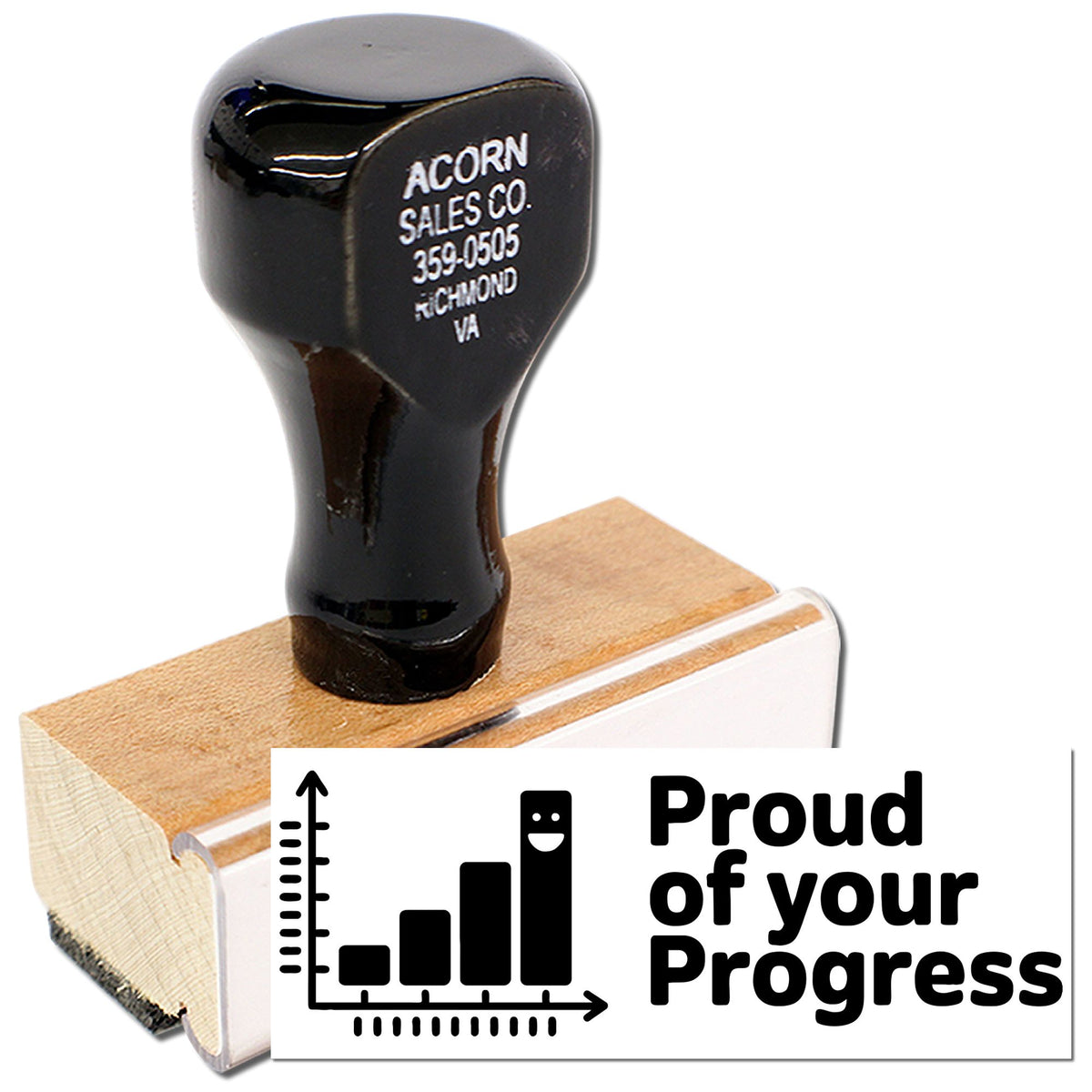 Custom rubber stamp with Proud of your Progress message and growth chart icon, ideal for classroom feedback and student rewards.