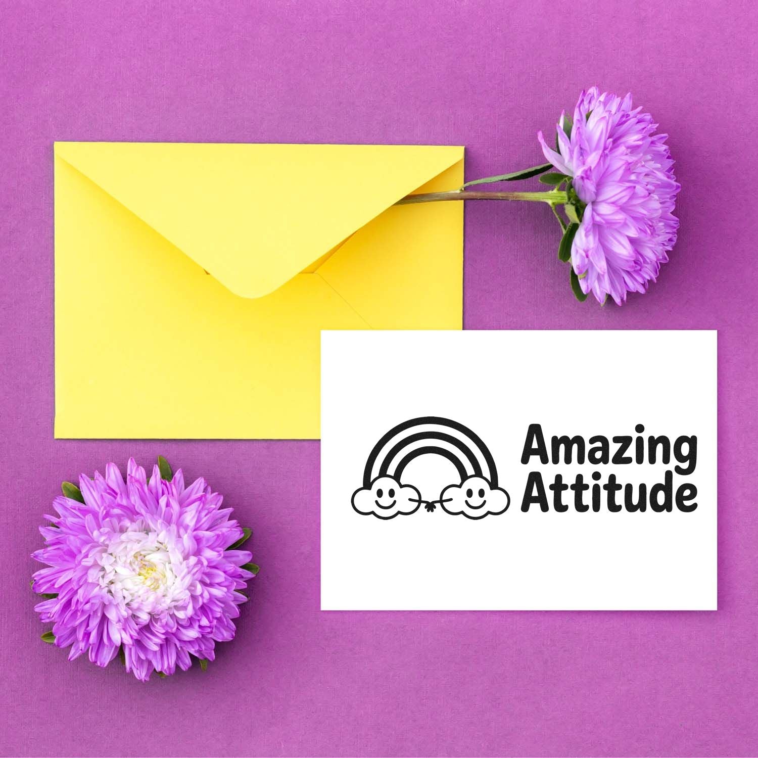 Amazing Attitude rainbow rubber stamp design on greeting card mockup with envelope and flowers