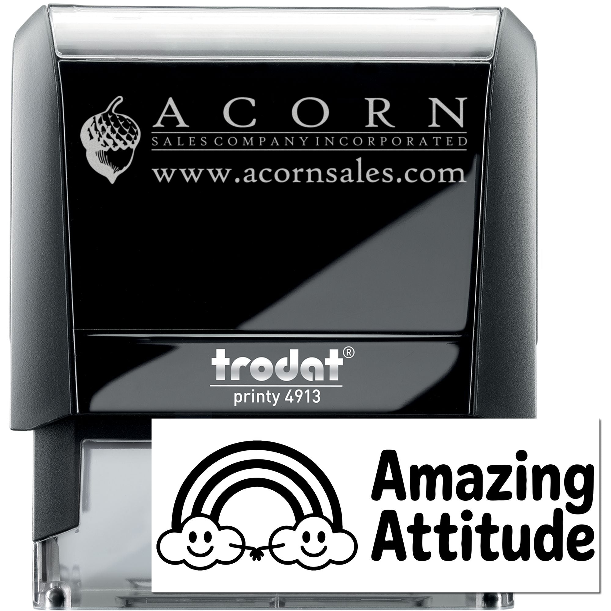 Custom Trodat Printy 4913 self-inking rubber stamp with Acorn Sales Company logo and website, plus Amazing Attitude stamp design.