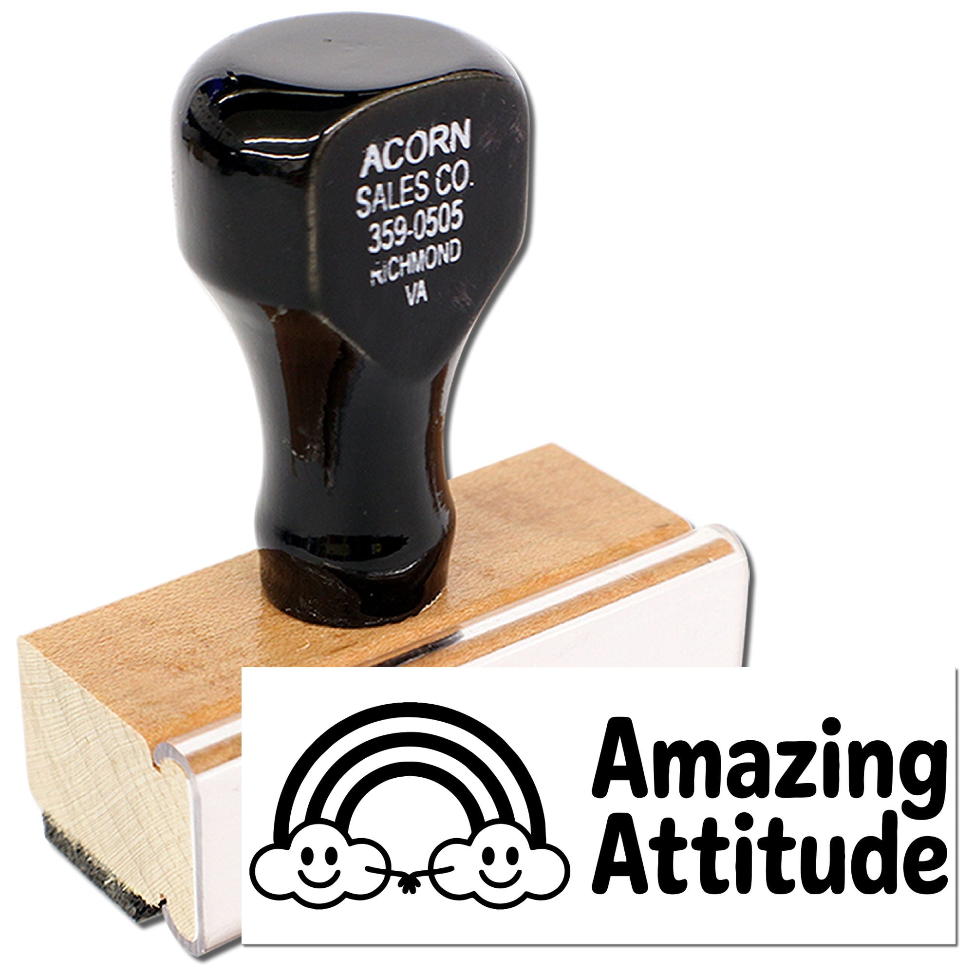 Custom wooden rubber stamp with Amazing Attitude logo for business branding and personalized imprinting
