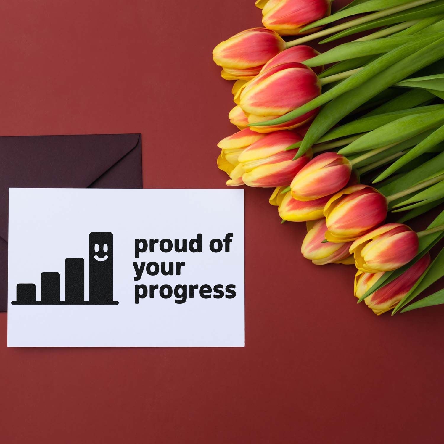 Proud of Your Progress rubber stamp for milestone cards, featuring a motivational encouragement message with tulip floral design.