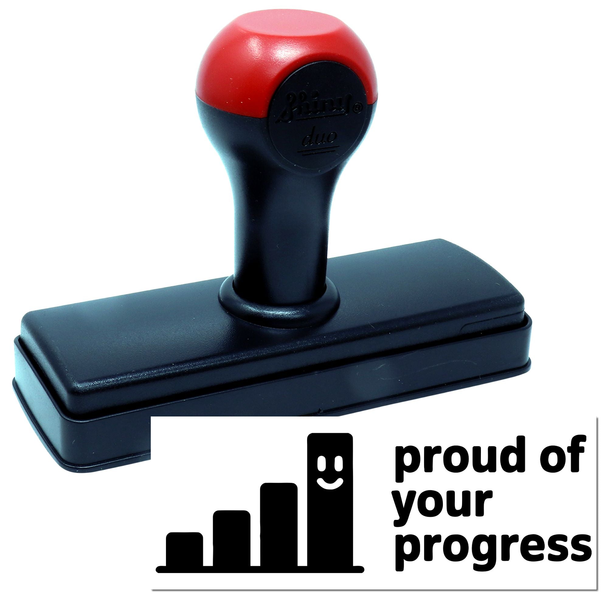 Custom self-inking rubber stamp reading proud of your progress with progress chart icon, ideal for teacher and coaching feedback.