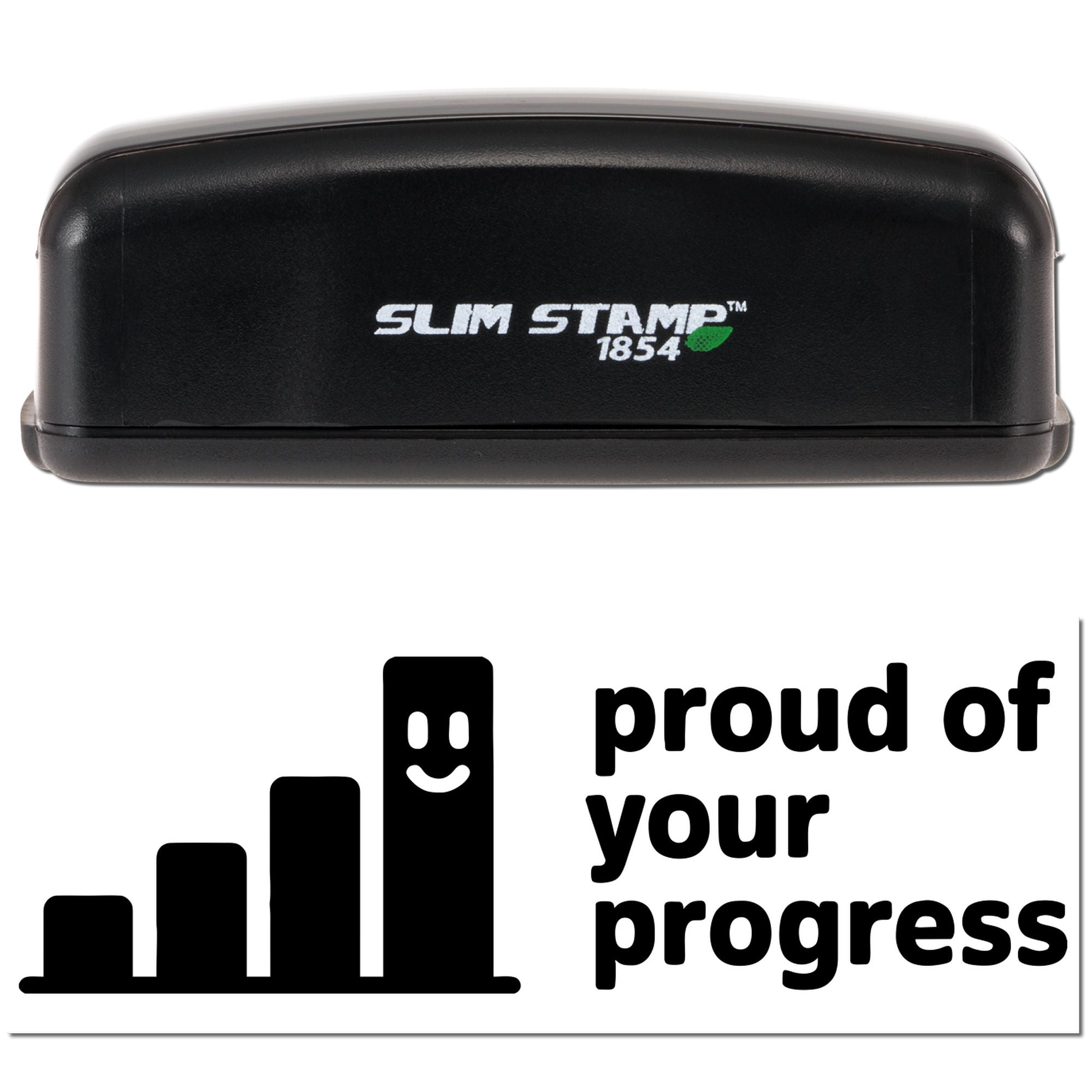 Slim Stamp 1854 rubber stamp design with proud of your progress message and growth chart icon for motivational branding.