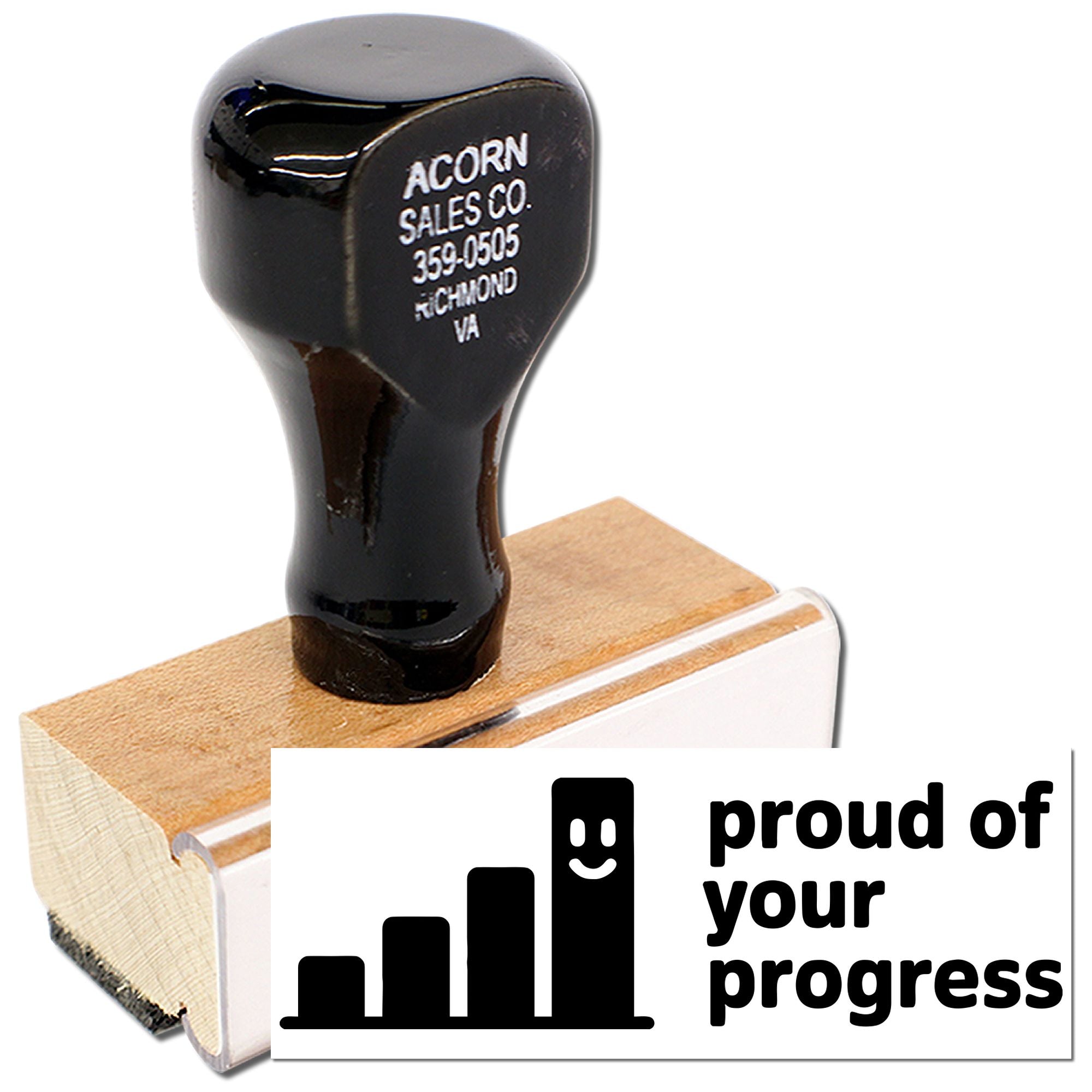 Custom wood-mounted rubber stamp for business branding, featuring Acorn Sales Co. logo and proud of your progress design.