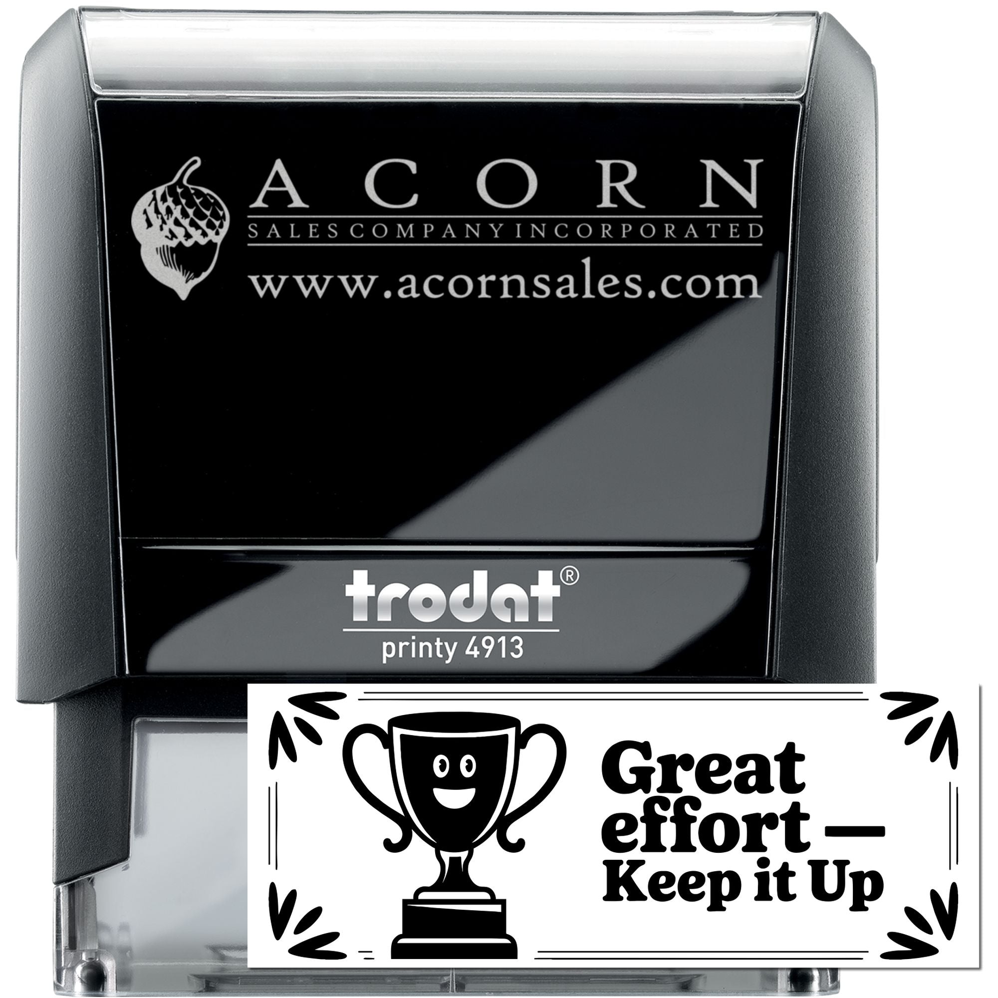 Custom Trodat Printy 4913 self-inking rubber stamp with Acorn logo and Great effort  Keep it Up imprint