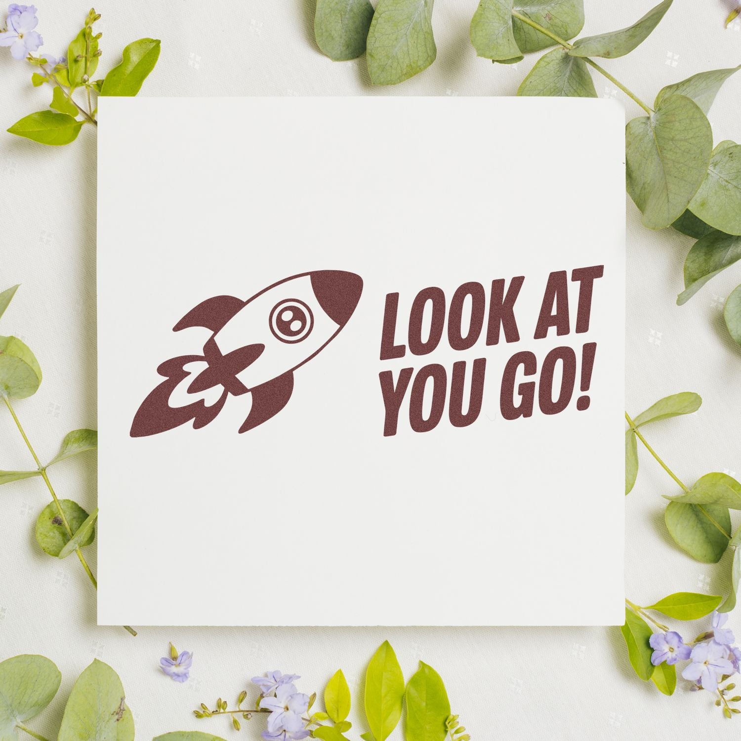 Rocket rubber stamp with Look at You Go! sentiment for motivational handmade cards, scrapbooking, and crafts.