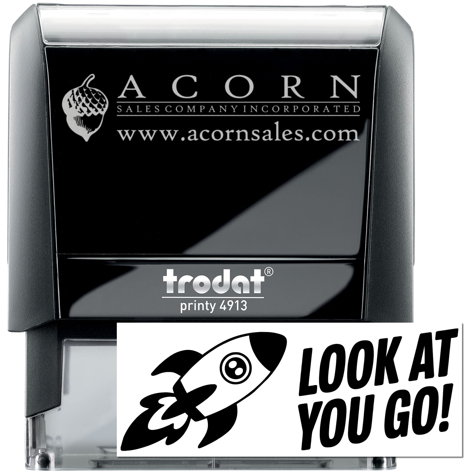 Self-inking Trodat Printy rubber stamp with Acorn Sales logo and Look At You Go! custom business imprint.