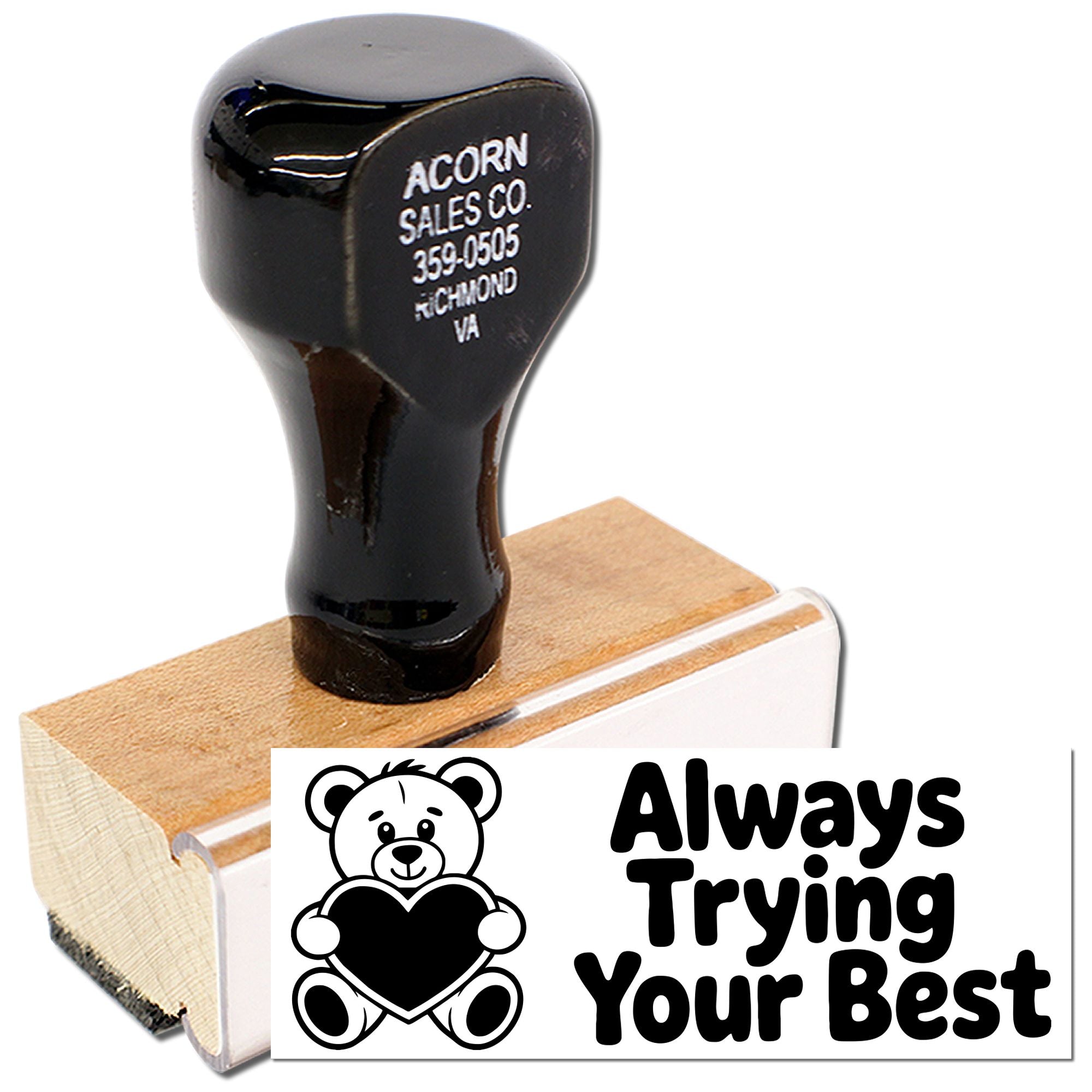 Custom rubber stamp with teddy bear design and Always Trying Your Best motivational message for crafts, cards, and teachers.