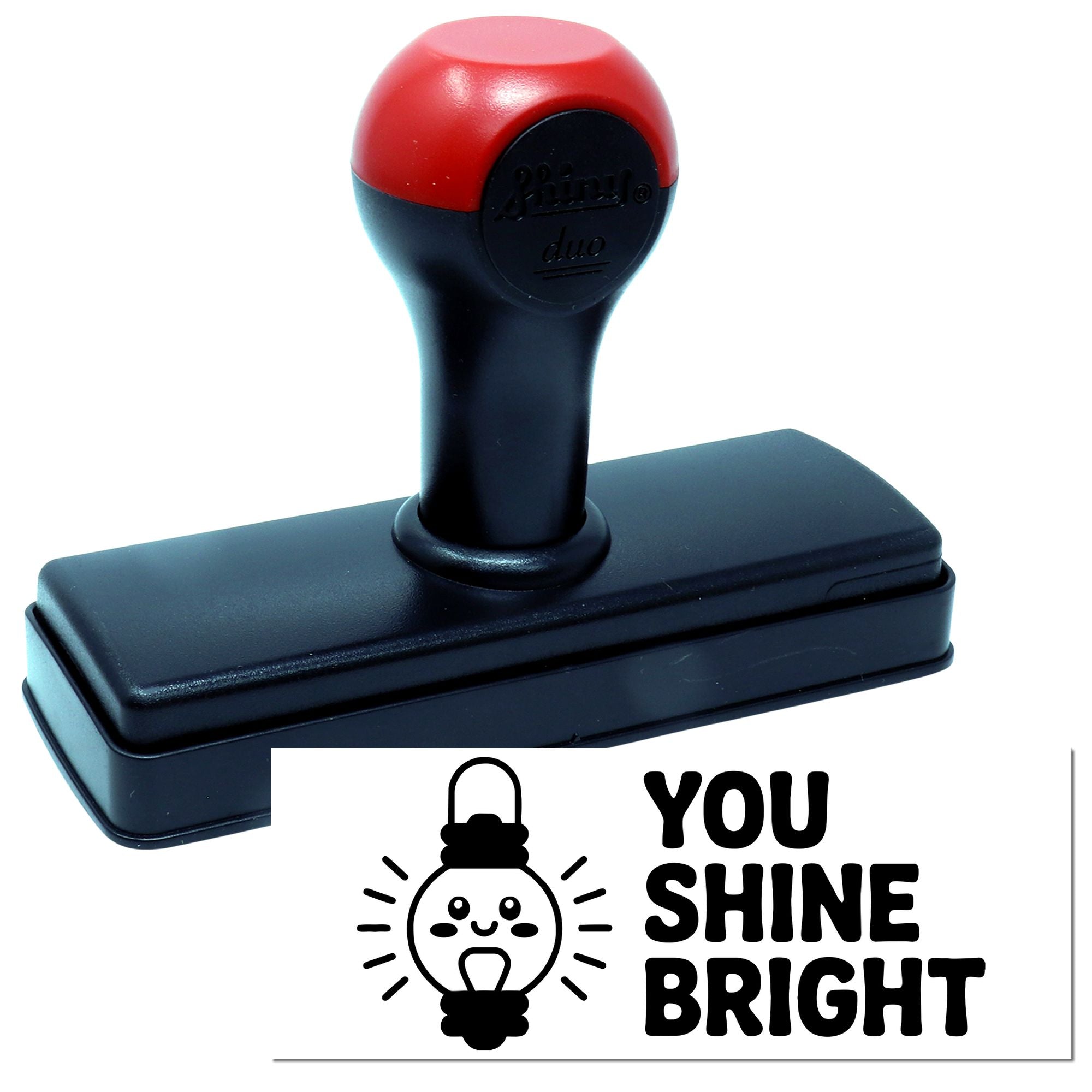 Self-inking rubber stamp with You Shine Bright light bulb design, ideal for motivational crafting and custom branding.
