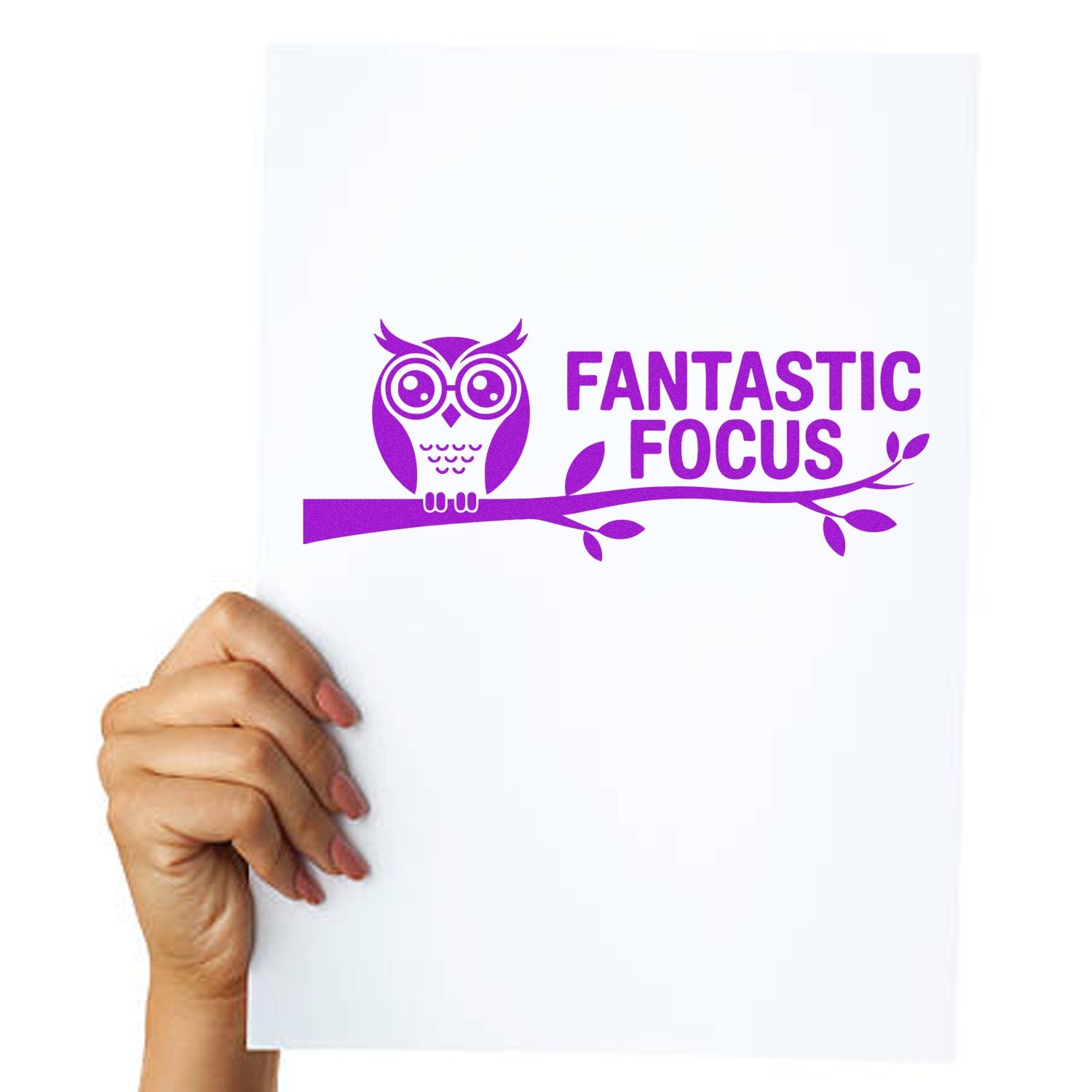 Custom purple owl rubber stamp reading Fantastic Focus on a sheet of paper, ideal for teacher rewards and office branding.
