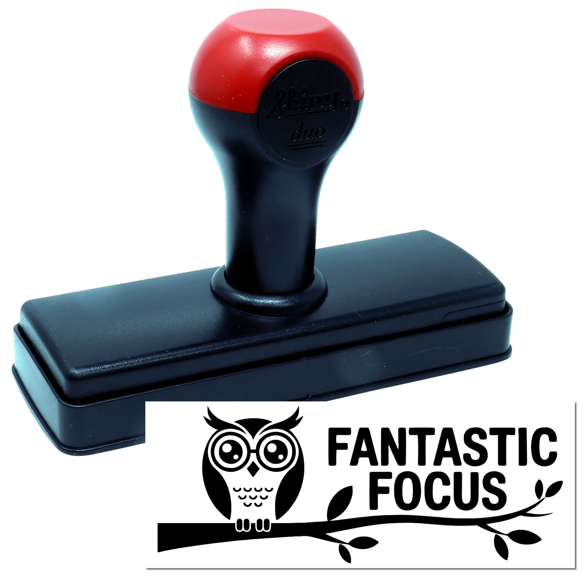 Self-inking rubber stamp with owl logo and FANTASTIC FOCUS imprint for teacher rewards and office use.