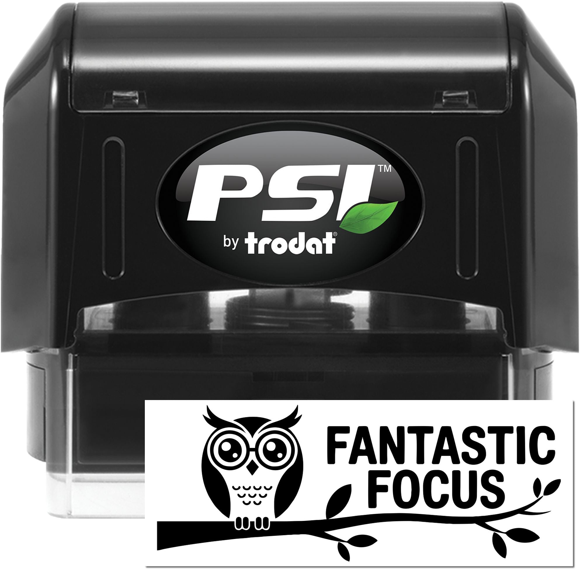 PSI by Trodat self-inking rubber stamp with custom owl Fantastic Focus design for branding and office use.