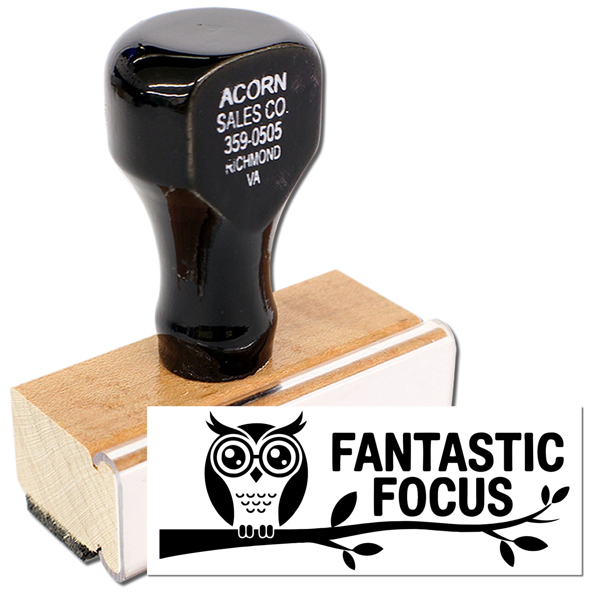 Custom rubber stamp for business logos, shown stamping a Fantastic Focus owl design on a card.