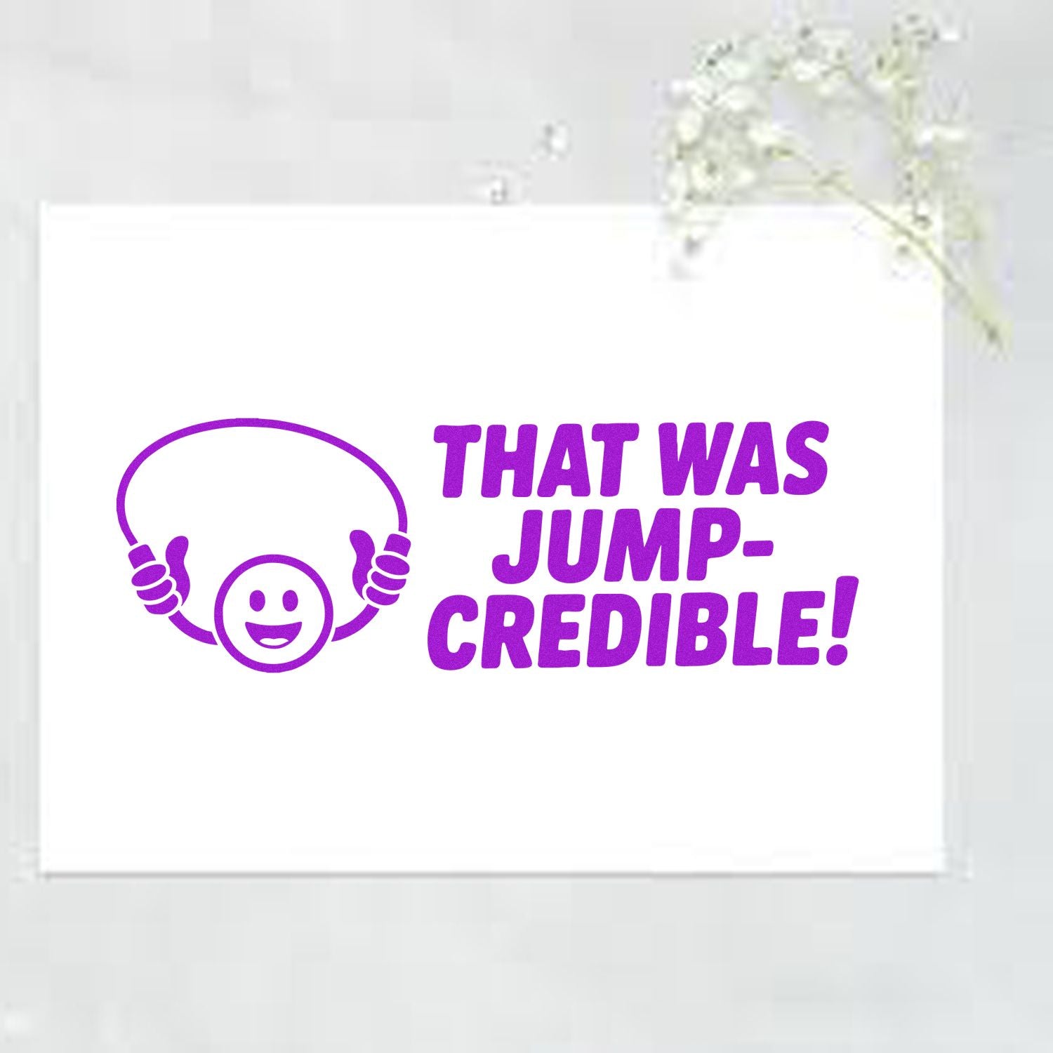 Purple rubber stamp design with a smiling jump rope icon and the phrase That Was Jump-Credible! for fun fitness awards.
