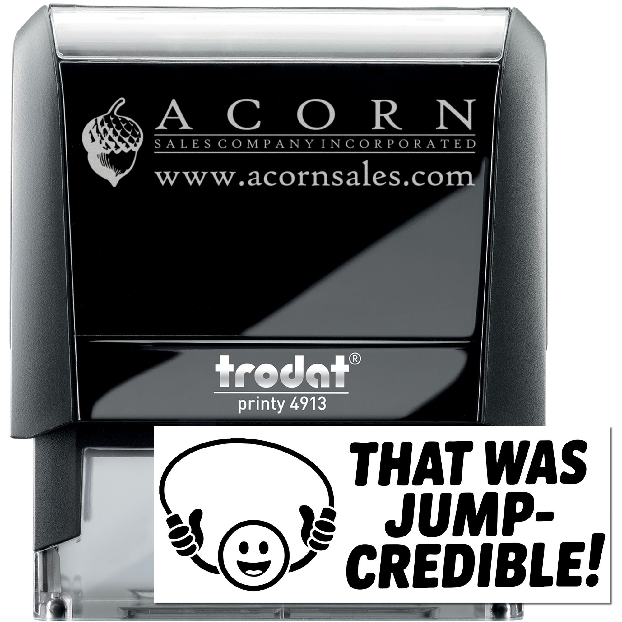 Custom self-inking rubber stamp with logo, website, and slogan imprint, Trodat Printy 4913 for branded business use.