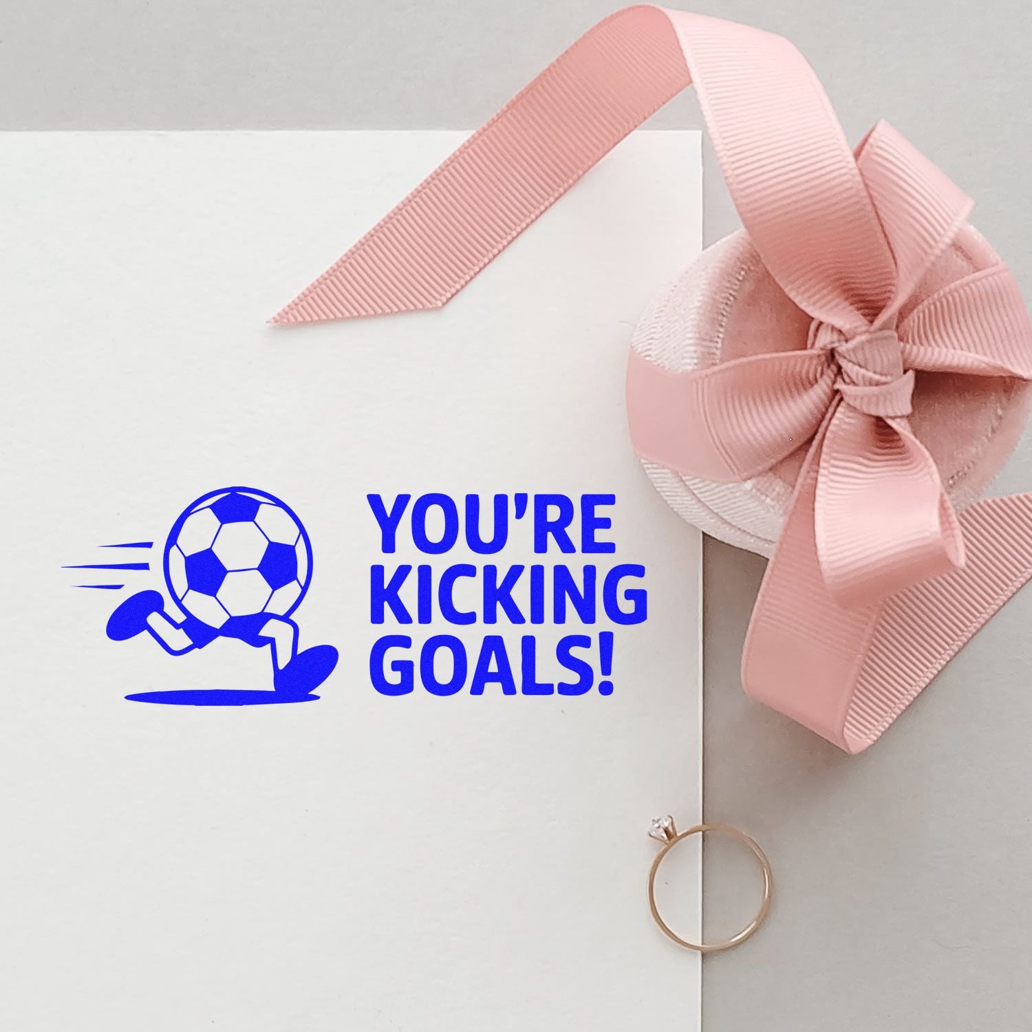 Custom soccer rubber stamp with Youre Kicking Goals! for sports achievement cards, gift tags, and scrapbook projects.