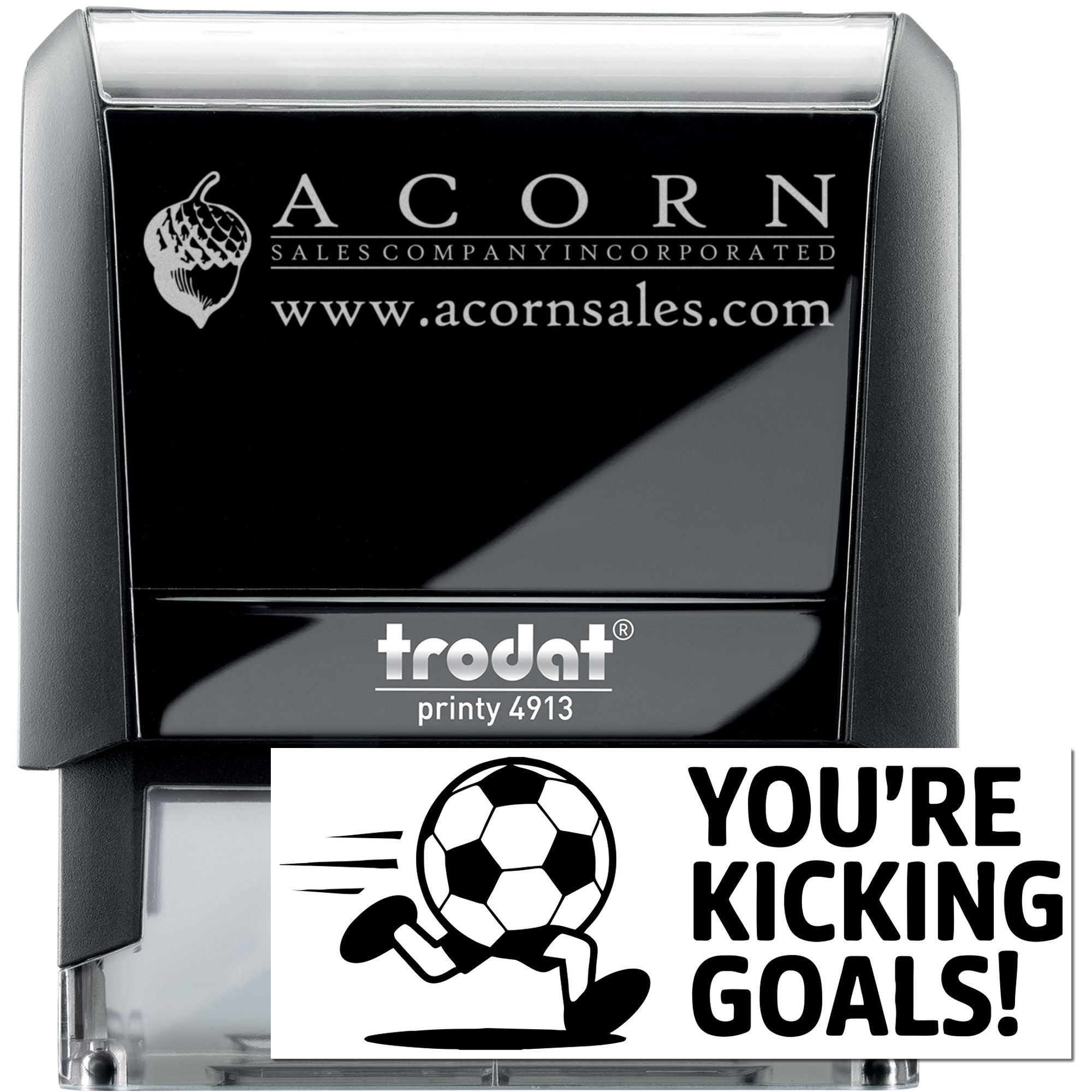 Custom self-inking rubber stamp examples: Acorn Sales logo and a soccer Youre Kicking Goals! stamp design.