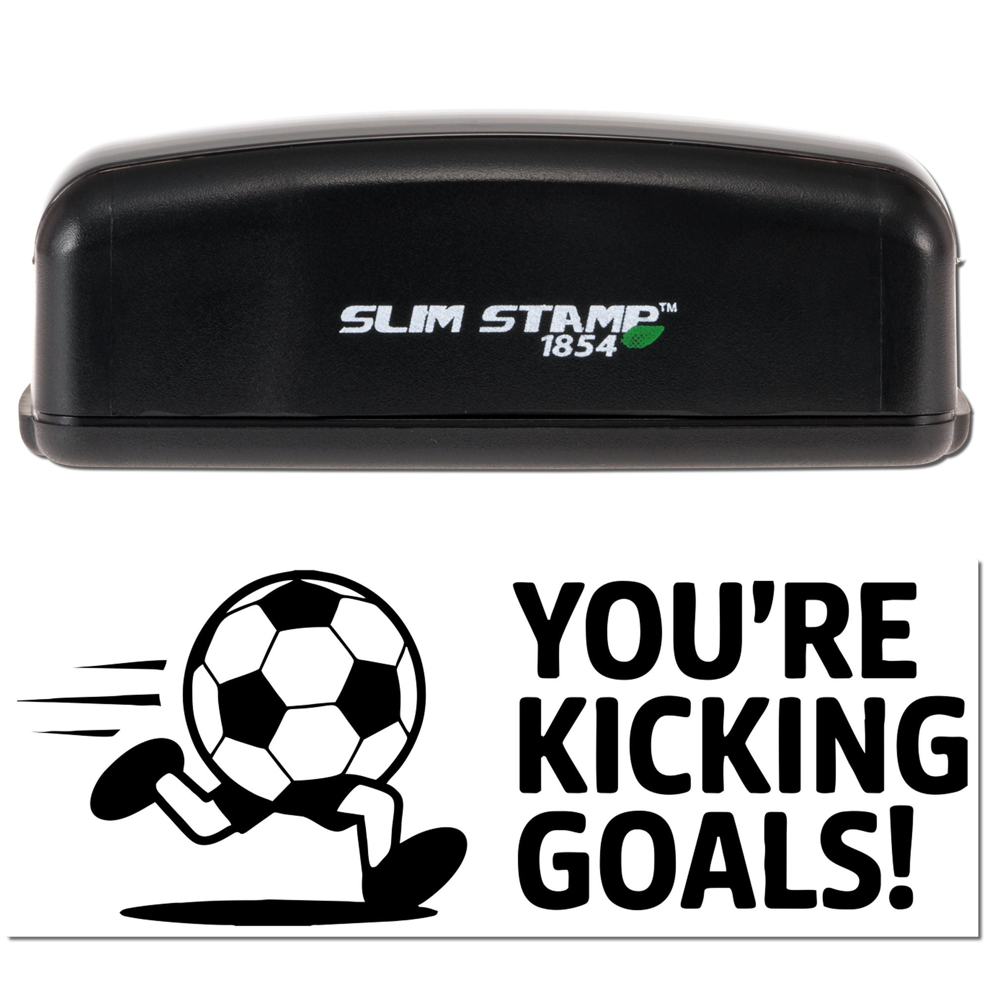 Slim Stamp 1854 self-inking rubber stamp with soccer player and Youre Kicking Goals! message.