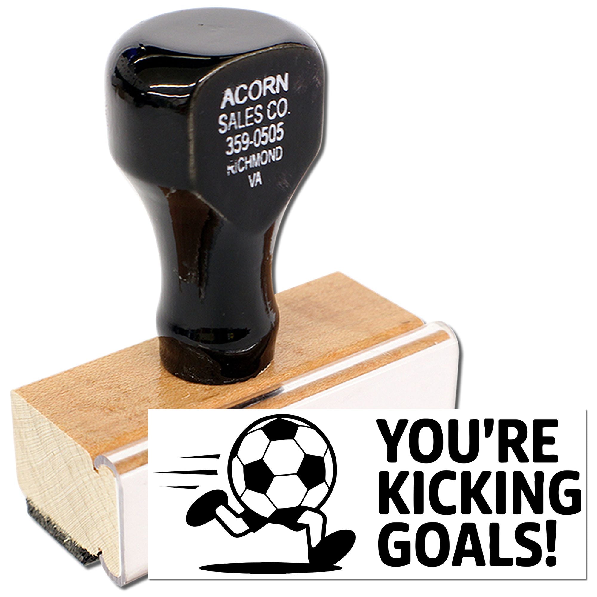 Custom soccer rubber stamp with motivational Youre kicking goals! design and wooden handle.