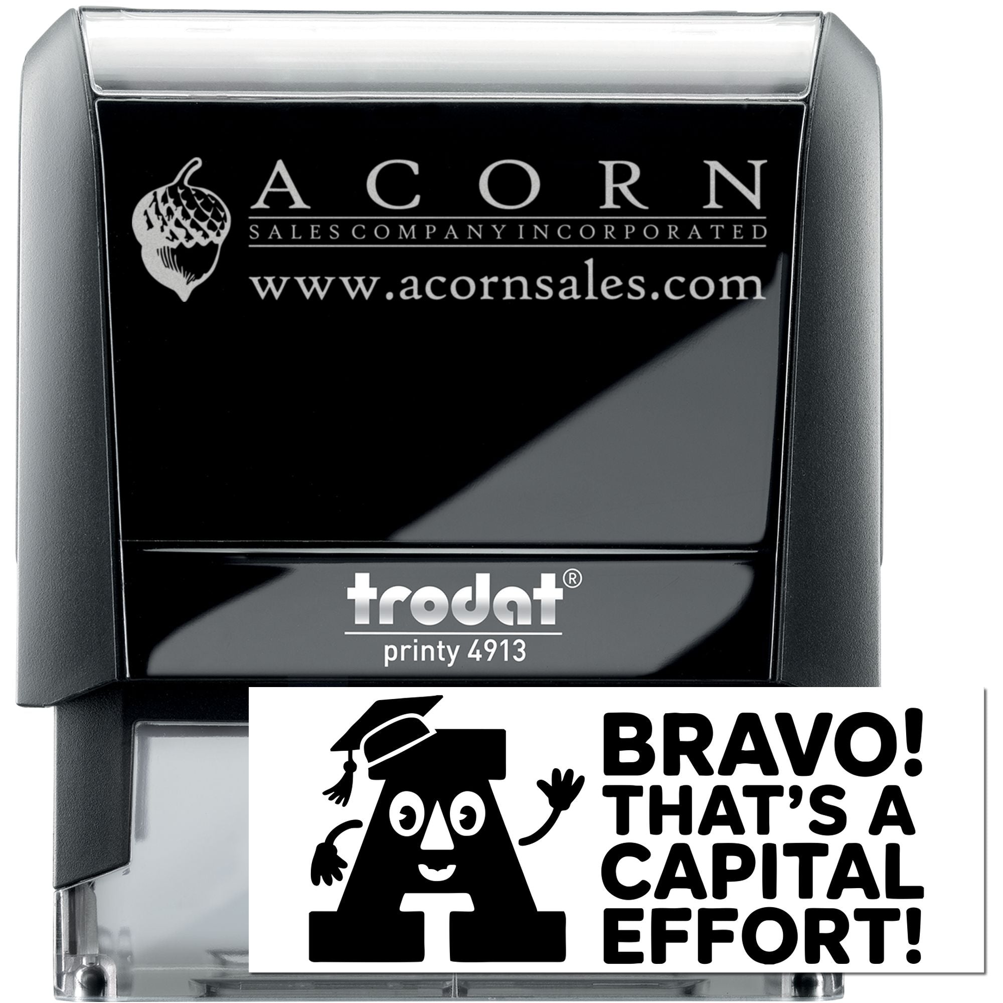 Custom self-inking rubber stamp by Trodat with Acorn Sales Company logo stamp and website imprint for business branding.