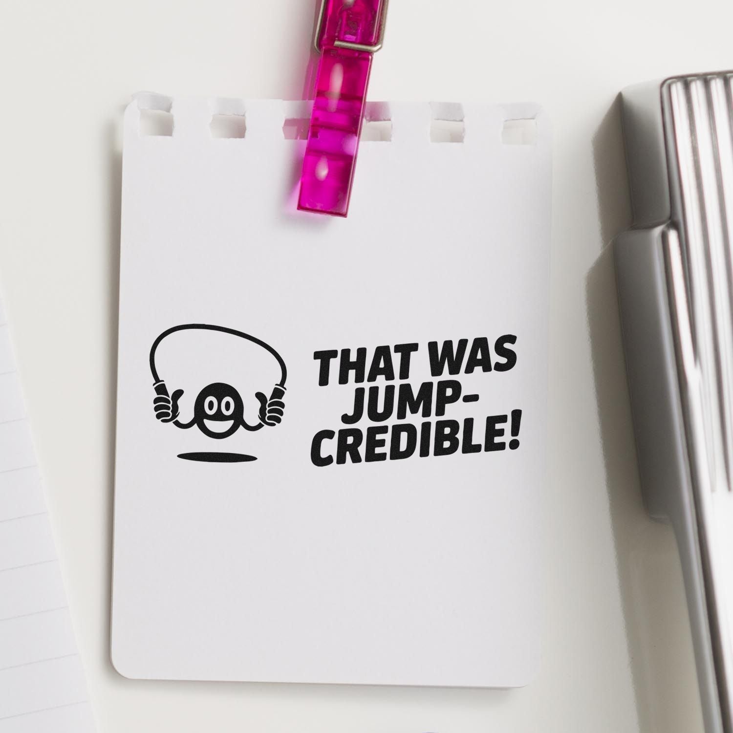 Jump rope rubber stamp with "That Was Jump-Credible!" design, a fun classroom motivational stamp for teachers and kids.
