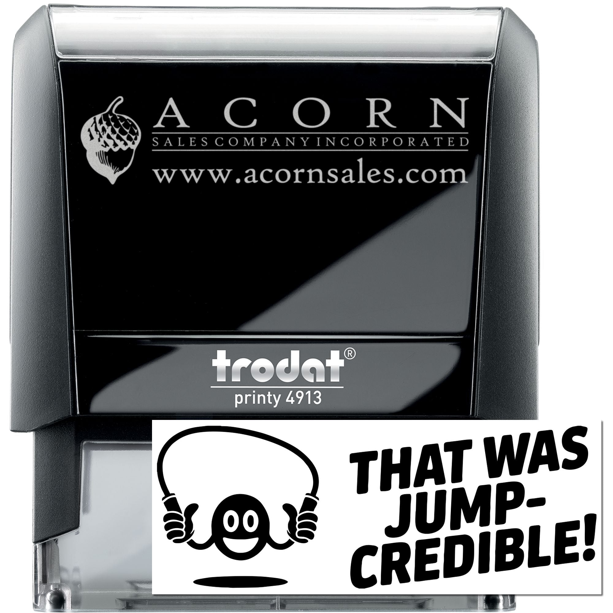 Custom Trodat Printy 4913 self-inking rubber stamp with Acorn Sales logo and sample imprint for branded business use.