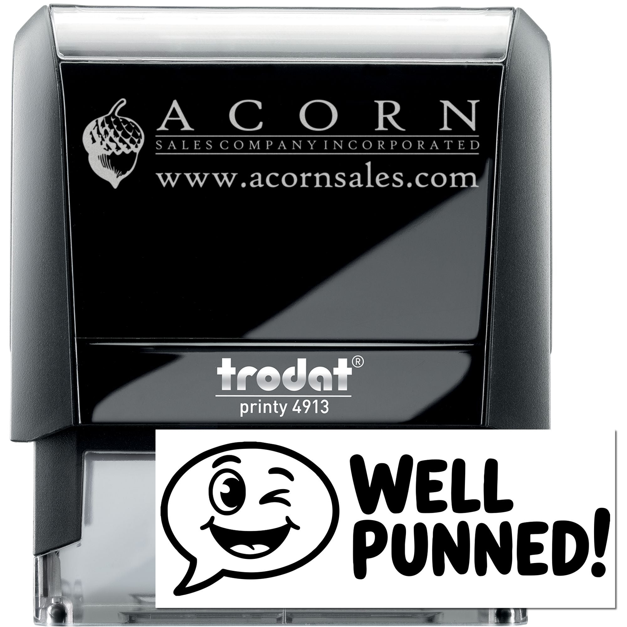 Custom self-inking rubber stamp, Trodat Printy 4913, with business logo and Well Punned! design.
