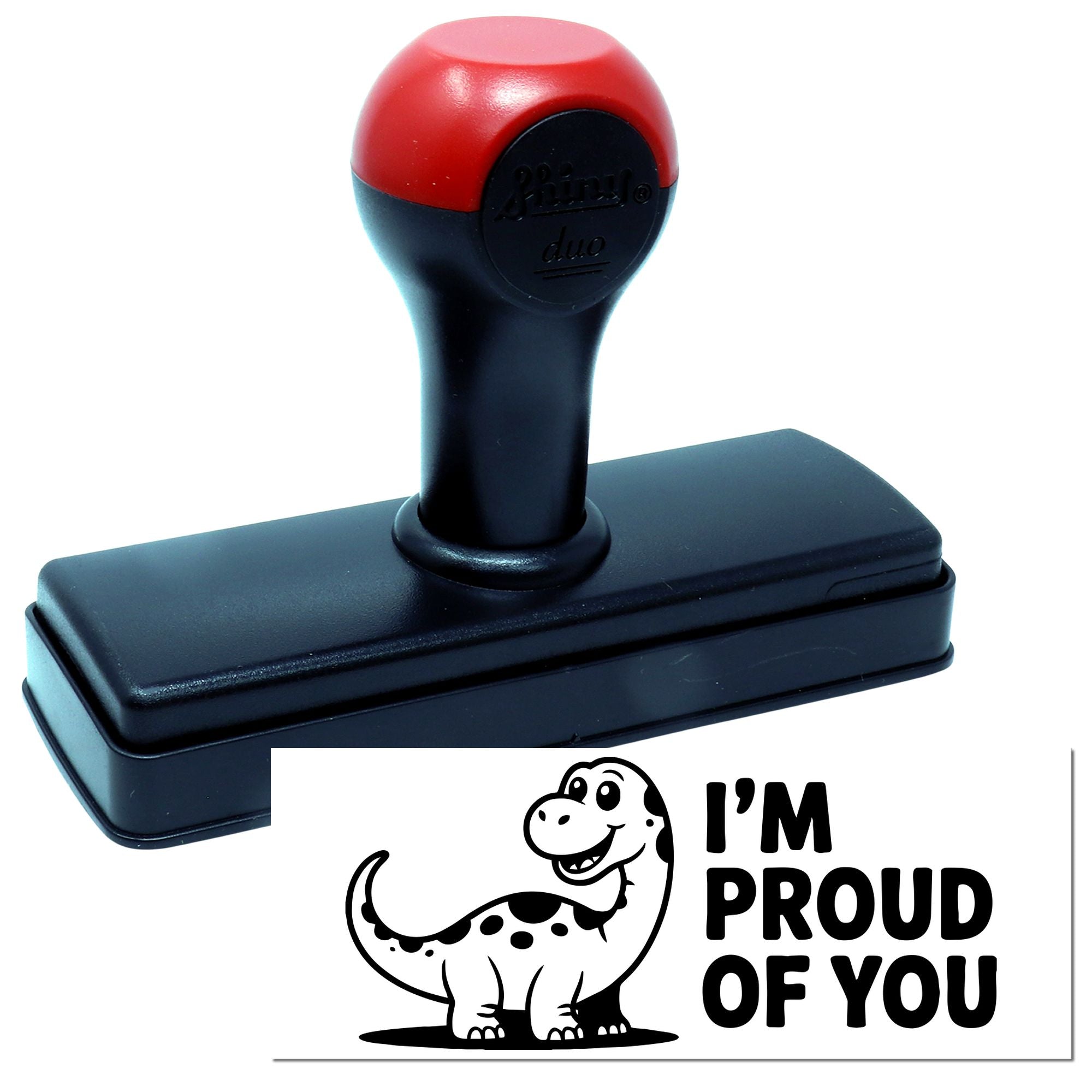 Custom self-inking rubber stamp with dinosaur design and Im Proud of You message for encouragement.