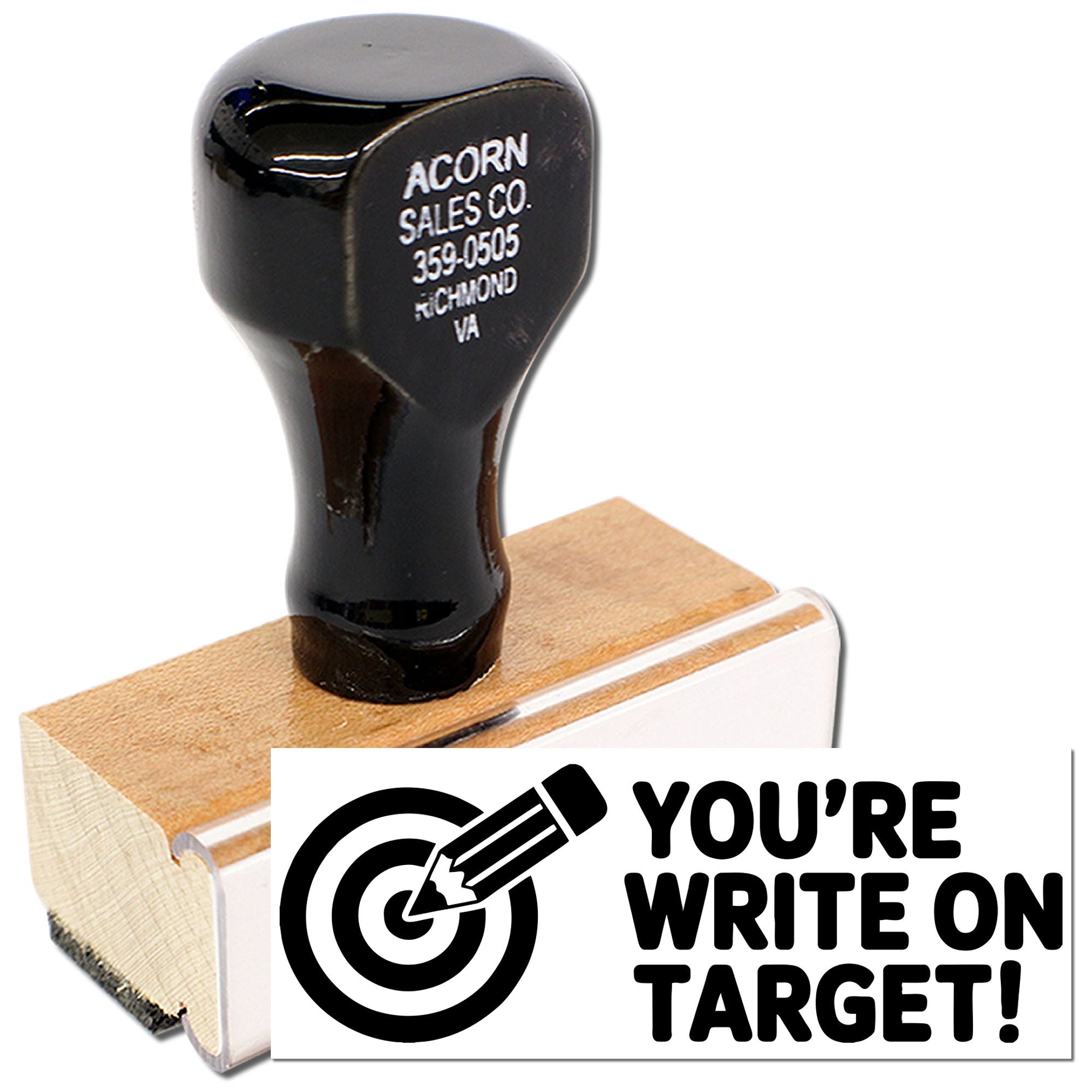 Custom self-inking rubber stamp with target logo and Youre Write on Target! slogan for business branding and promotions.