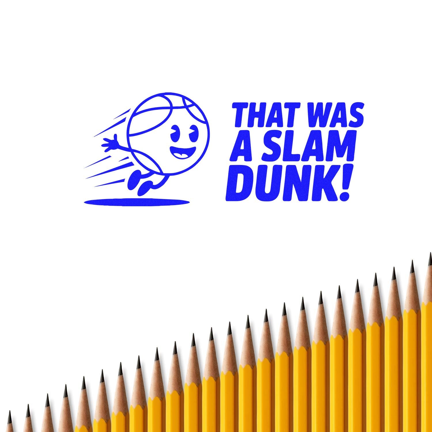 Blue basketball rubber stamp design reading That Was a Slam Dunk! for sports-themed crafting and coaching rewards.