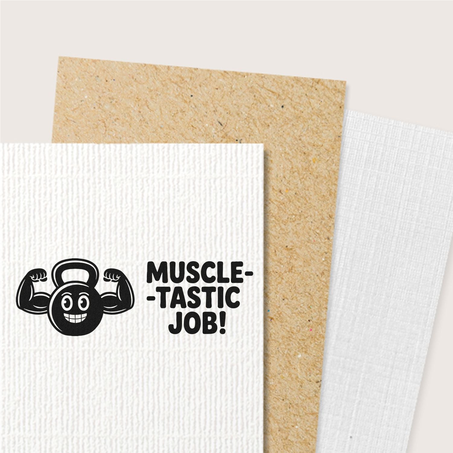 Muscle-tastic Job rubber stamp with flexing kettlebell design for congratulatory cards and reward crafts.