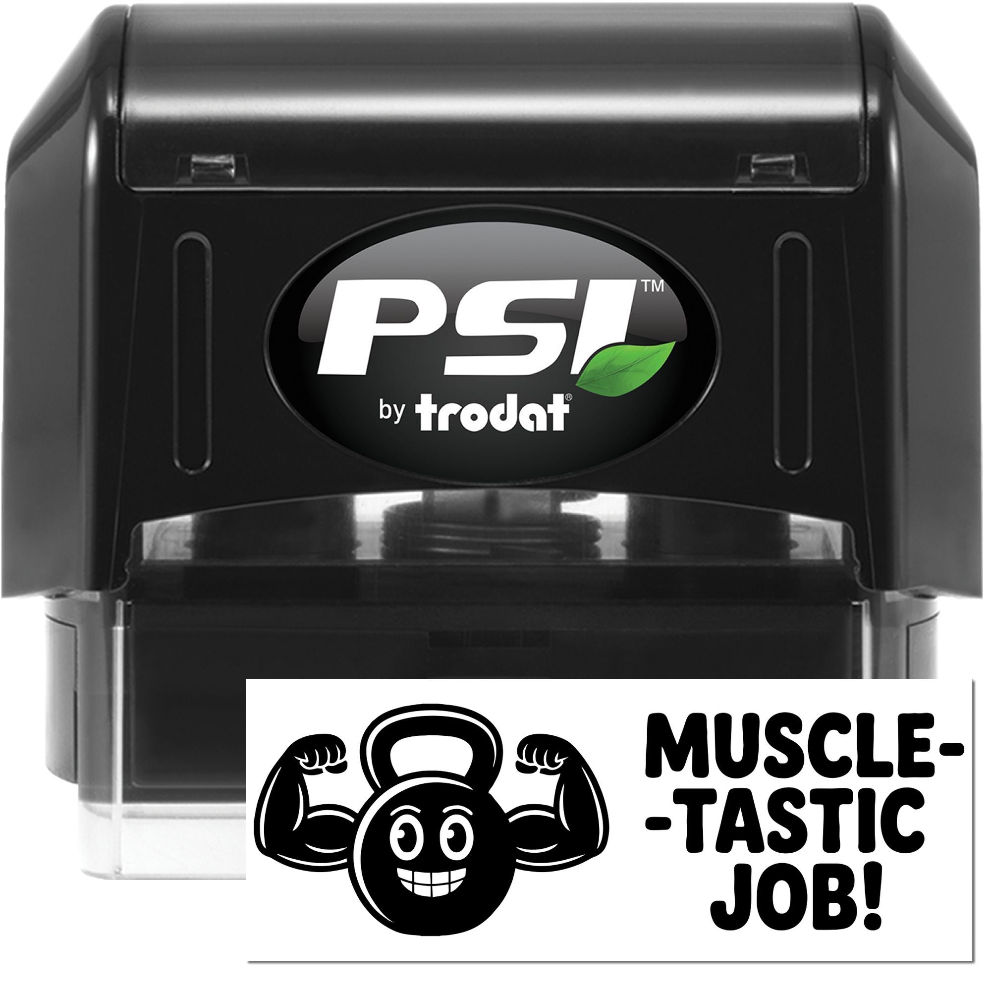 PSI by Trodat self-inking rubber stamp with Muscle-Tastic Job! flexing muscle design for fitness-themed rewards.
