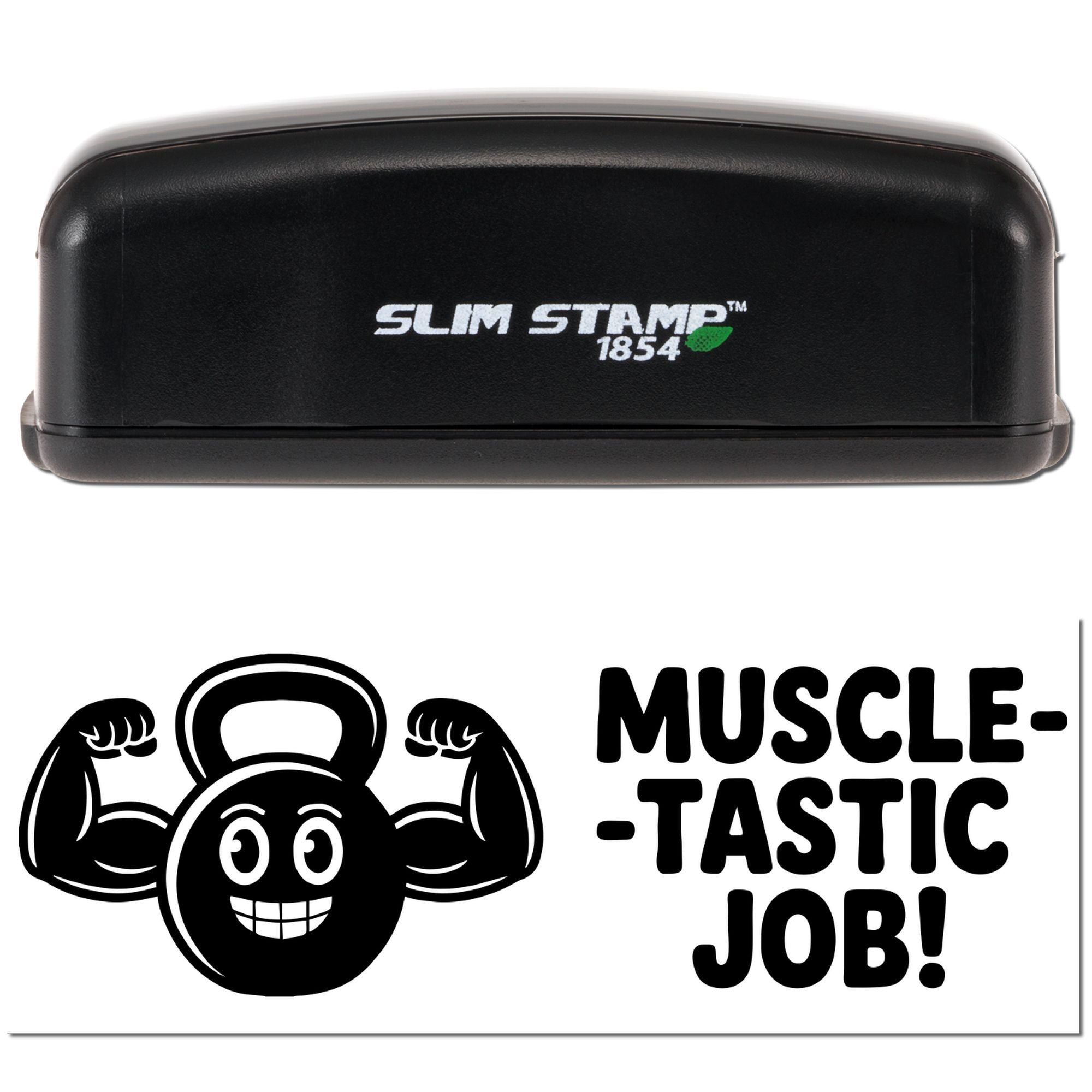 Slim Stamp 1854 rubber stamp showing a custom Muscle-Tastic Job! design with flexing kettlebell mascot.