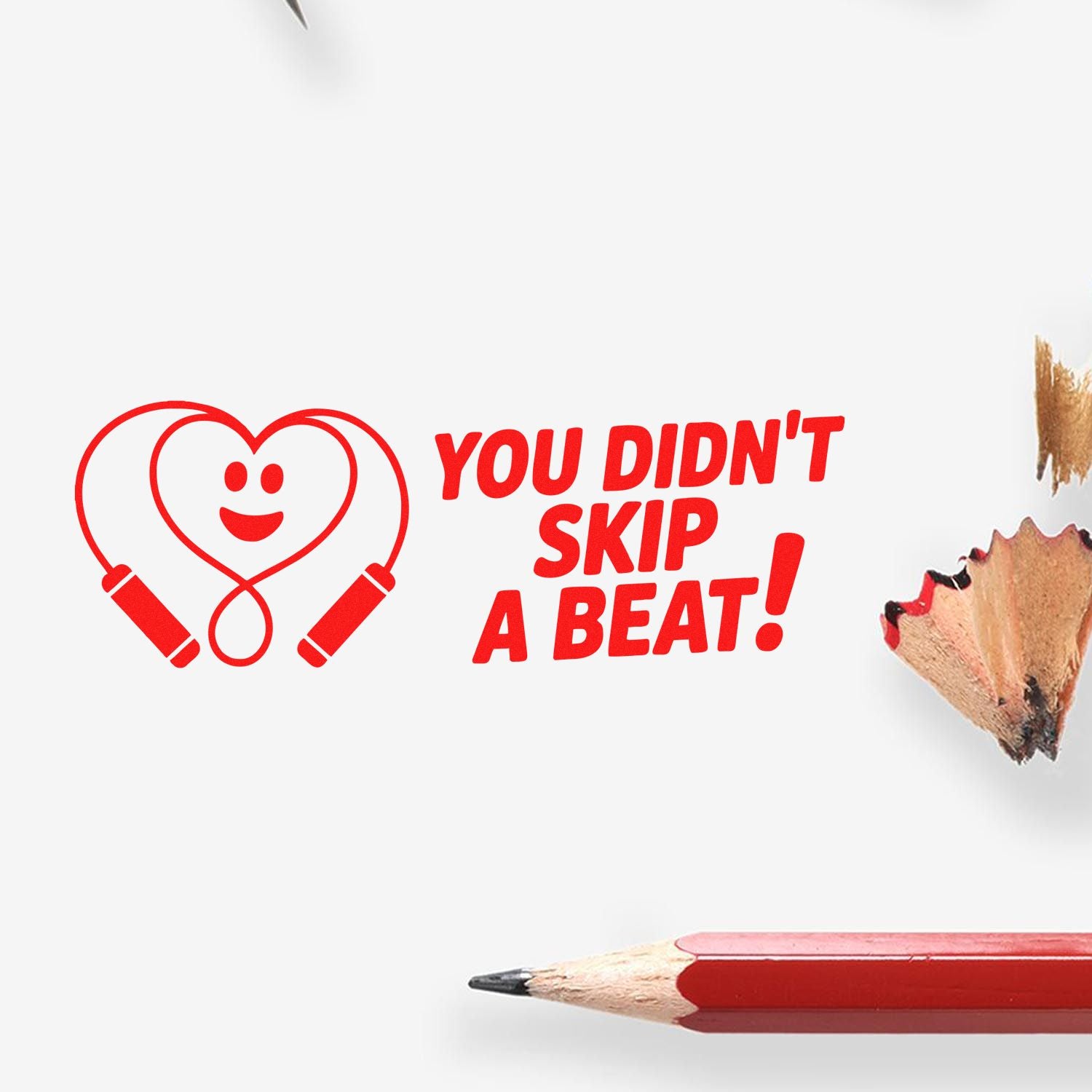 Red You Didnt Skip a Beat! rubber stamp with heart headphones icon for music-themed encouragement.