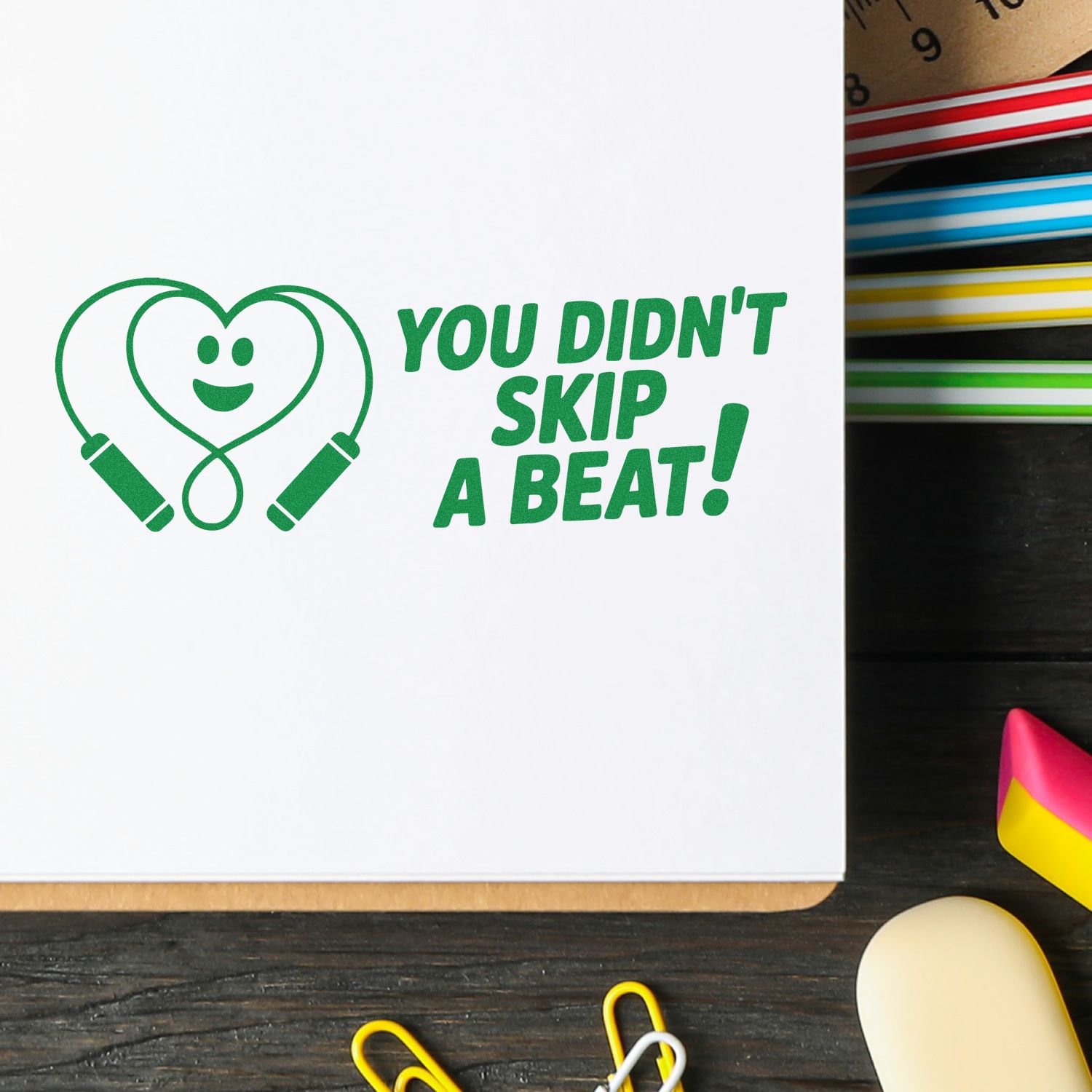 Custom rubber stamp with heart jump rope icon and You Didnt Skip a Beat! motivational fitness message.