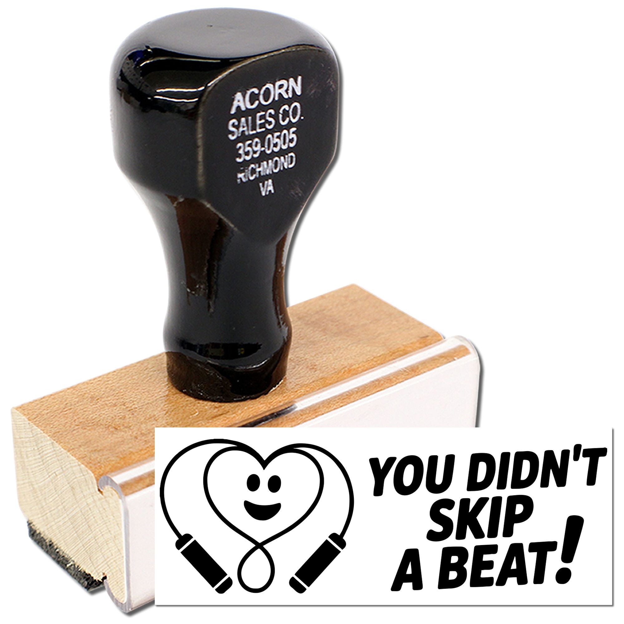 Custom rubber stamp with You Didnt Skip a Beat! heart and jump rope design for motivational crafts and packaging.