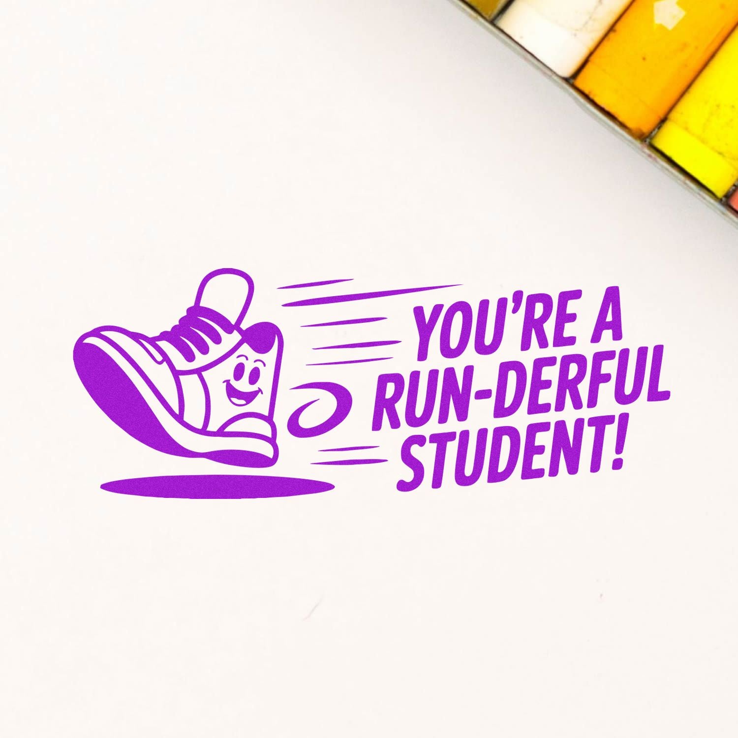 Purple rubber stamp design with sneaker and Youre a Run-Derful Student! praise for student rewards
